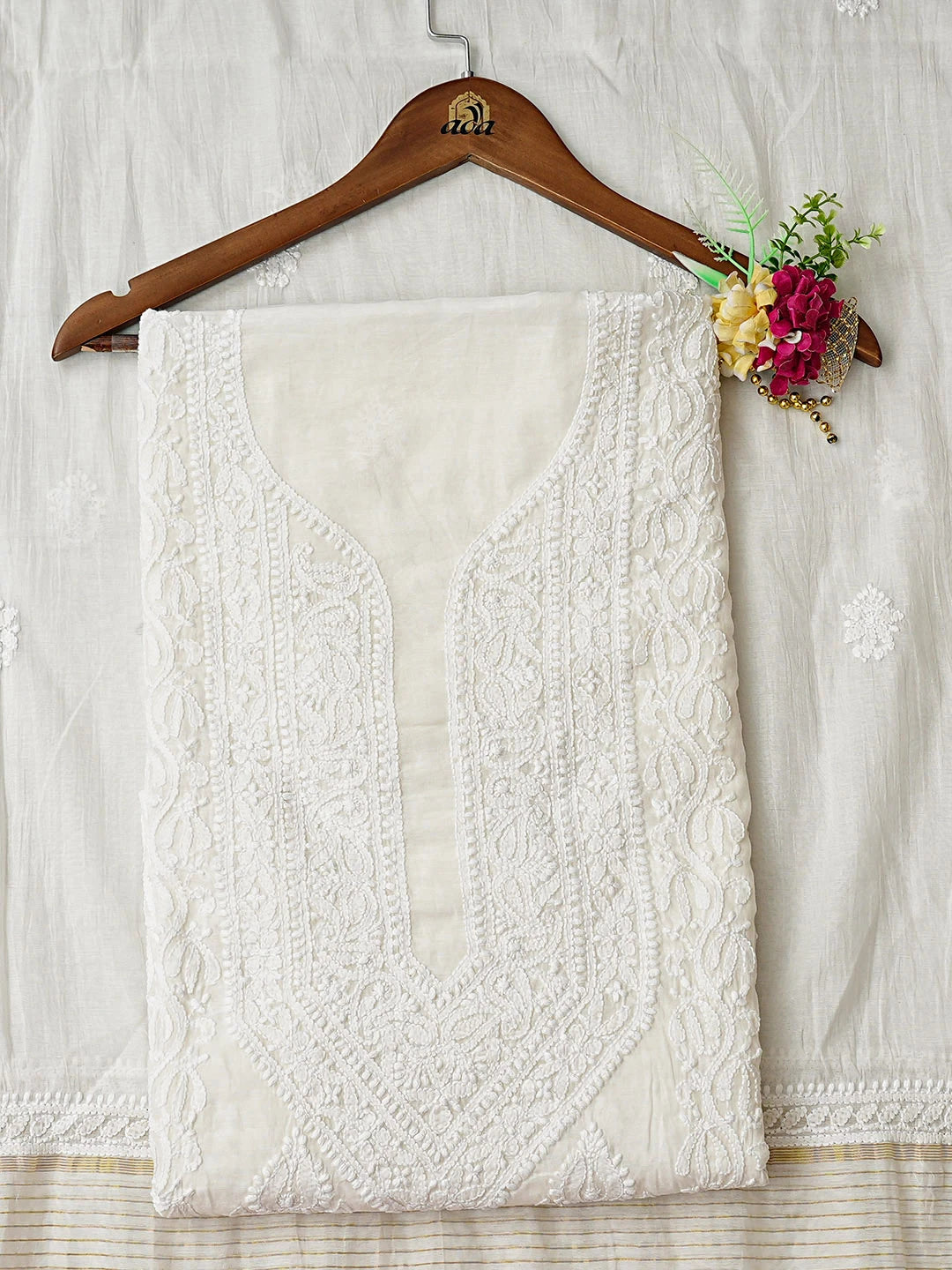 Ada Hand Embroidered White Chanderi Lucknowi Chikankari Kurta Dupatta Set 01A8890071