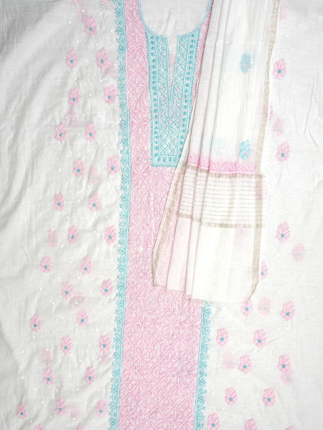 Ada Hand Embroidered Beige Chanderi Lucknowi Chikankari Kurta Dupatta Set with Pearl & Cutdana Work 01A897631