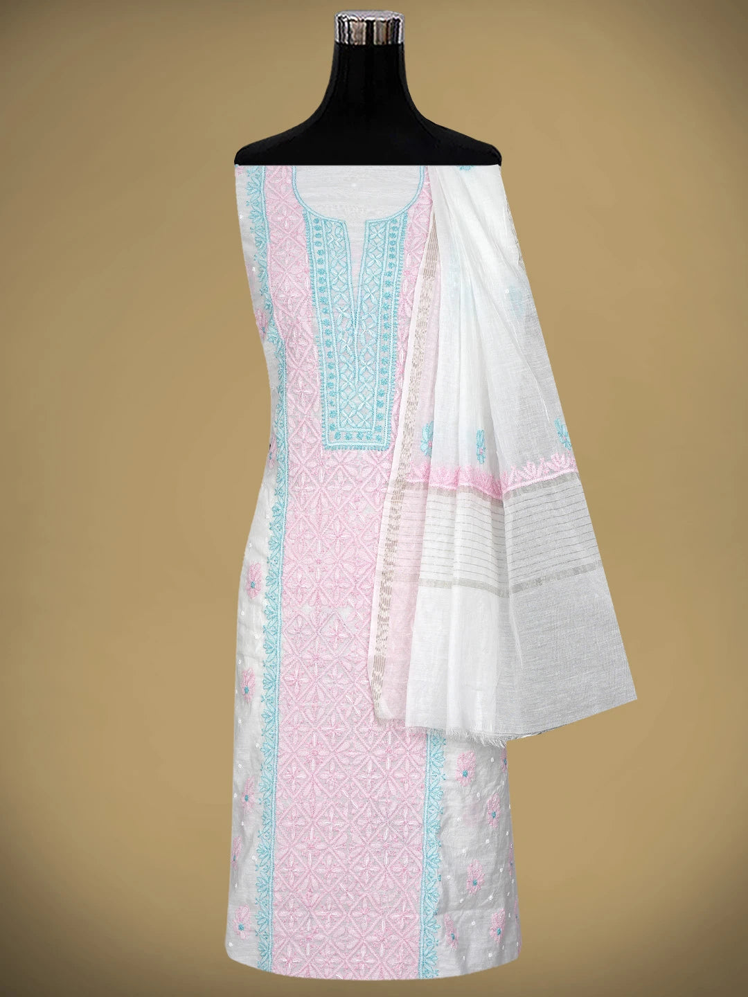 Ada Hand Embroidered Beige Chanderi Lucknowi Chikankari Kurta Dupatta Set with Pearl & Cutdana Work 01A897631