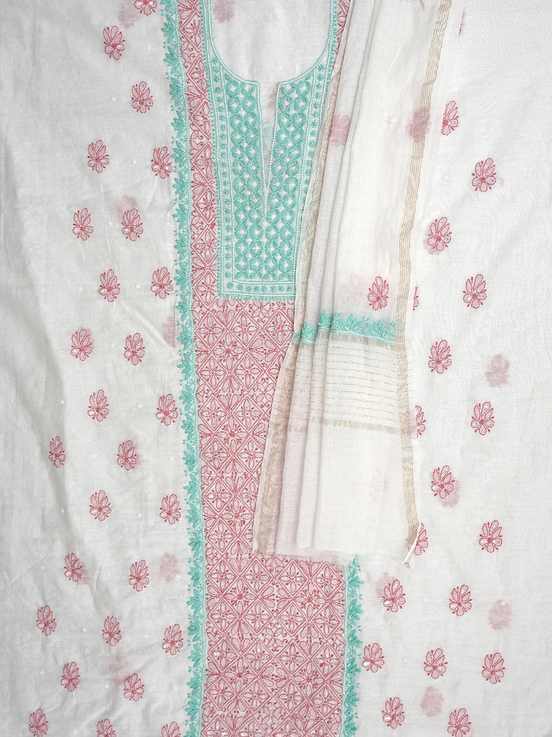 Ada Hand Embroidered White Chanderi Lucknowi Chikankari Kurta Dupatta Set with Pearl & Sequinned Work 01A897639