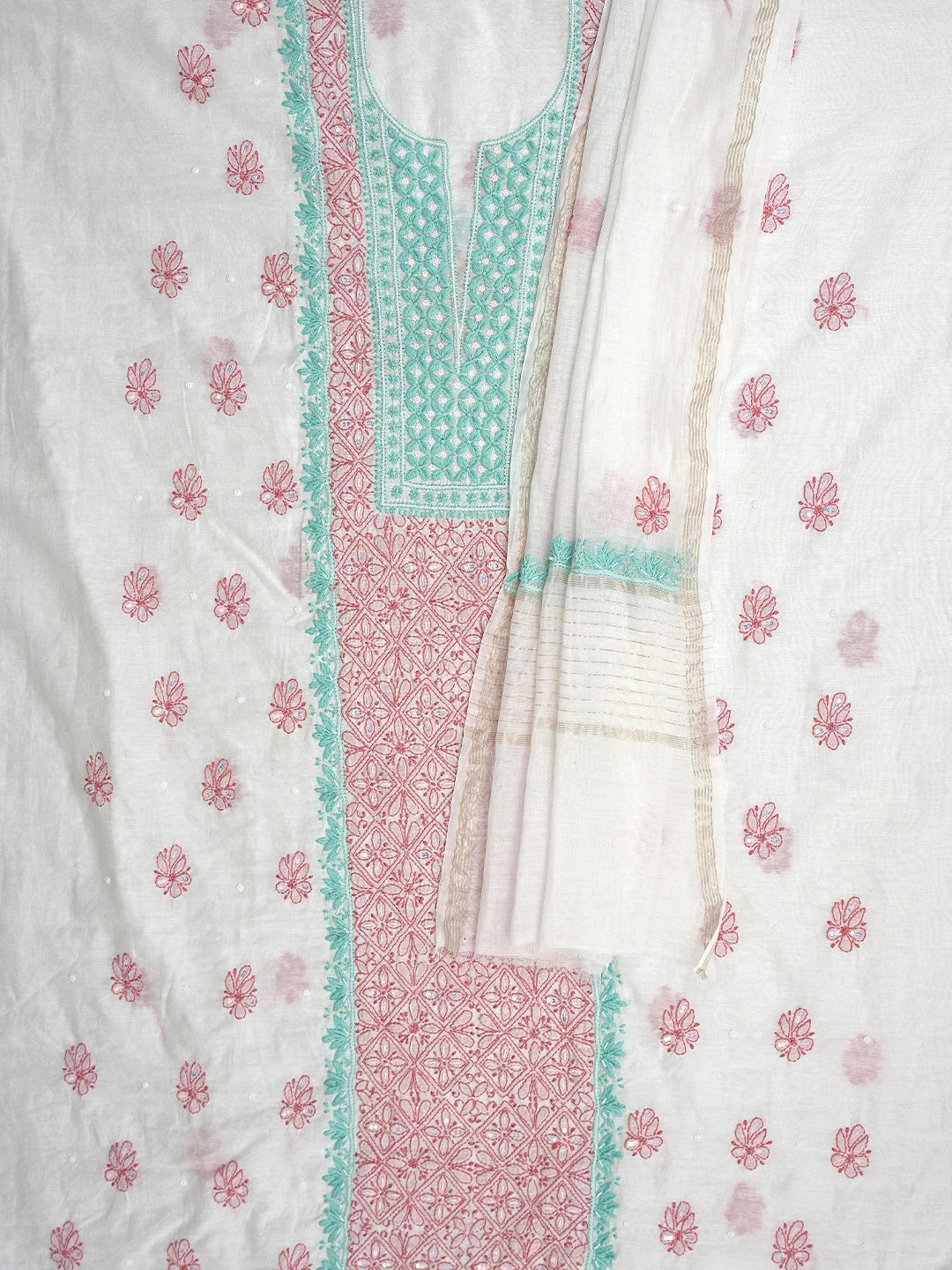 Ada Hand Embroidered White Chanderi Lucknowi Chikankari Kurta Dupatta Set with Pearl & Sequinned Work 01A897639