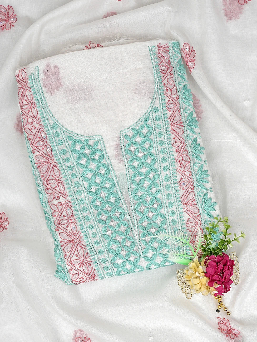 Ada Hand Embroidered White Chanderi Lucknowi Chikankari Kurta Dupatta Set with Pearl & Sequinned Work 01A897639