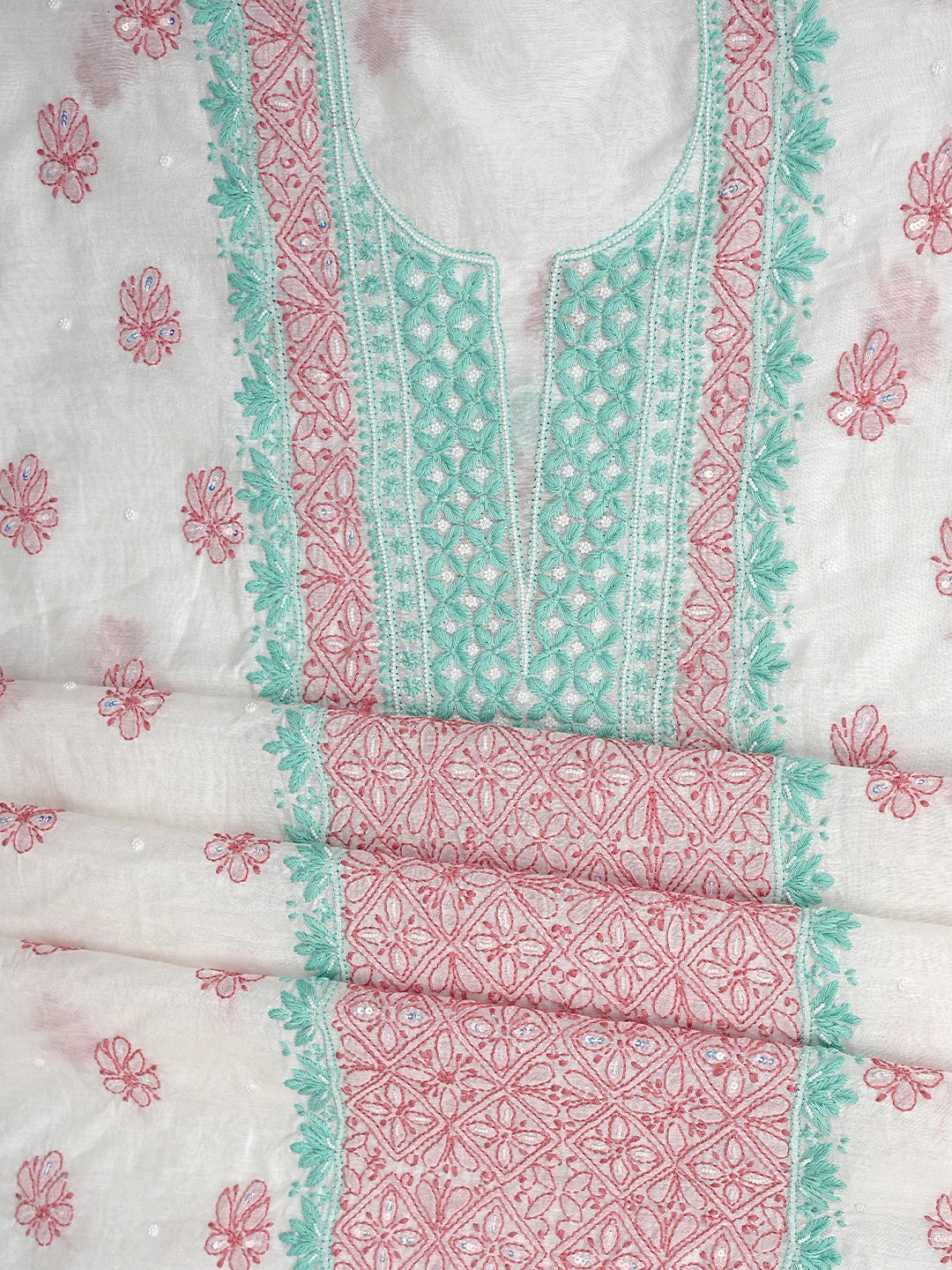 Ada Hand Embroidered White Chanderi Lucknowi Chikankari Kurta Dupatta Set with Pearl & Sequinned Work 01A897639