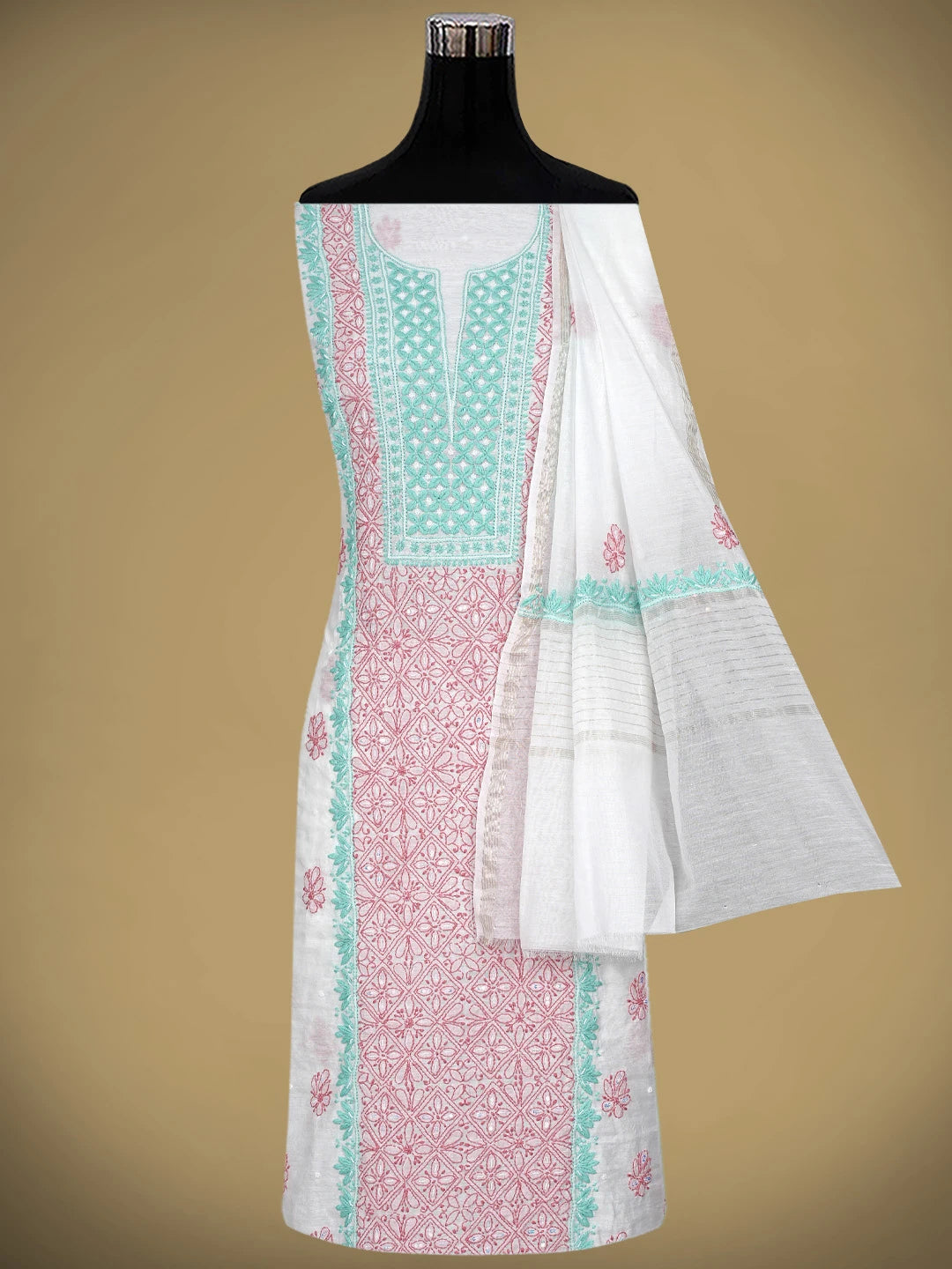 Ada Hand Embroidered White Chanderi Lucknowi Chikankari Kurta Dupatta Set with Pearl & Sequinned Work 01A897639