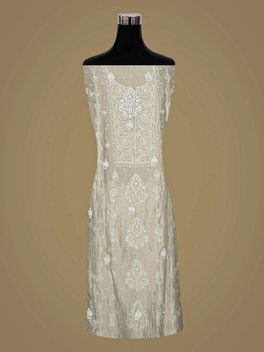 Ada Hand Embroidered Grey Chanderi Lucknowi Chikankari Unstitched Kurta Dupatta Set With Pearl Work 01A879078