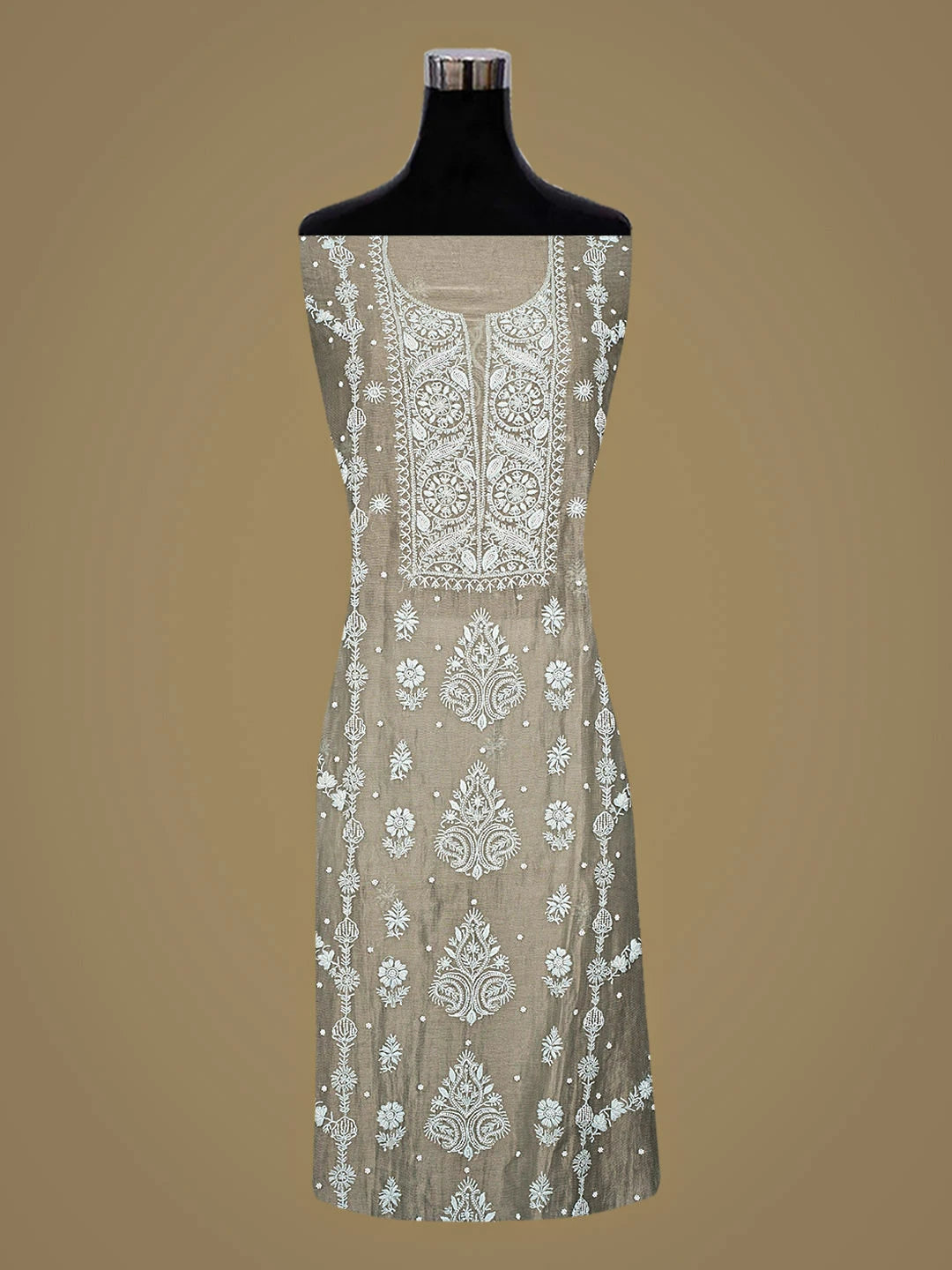 Ada Hand Embroidered Grey Chanderi Lucknowi Chikankari Unstitched Kurta Dupatta Set With Pearl Work 01A879078