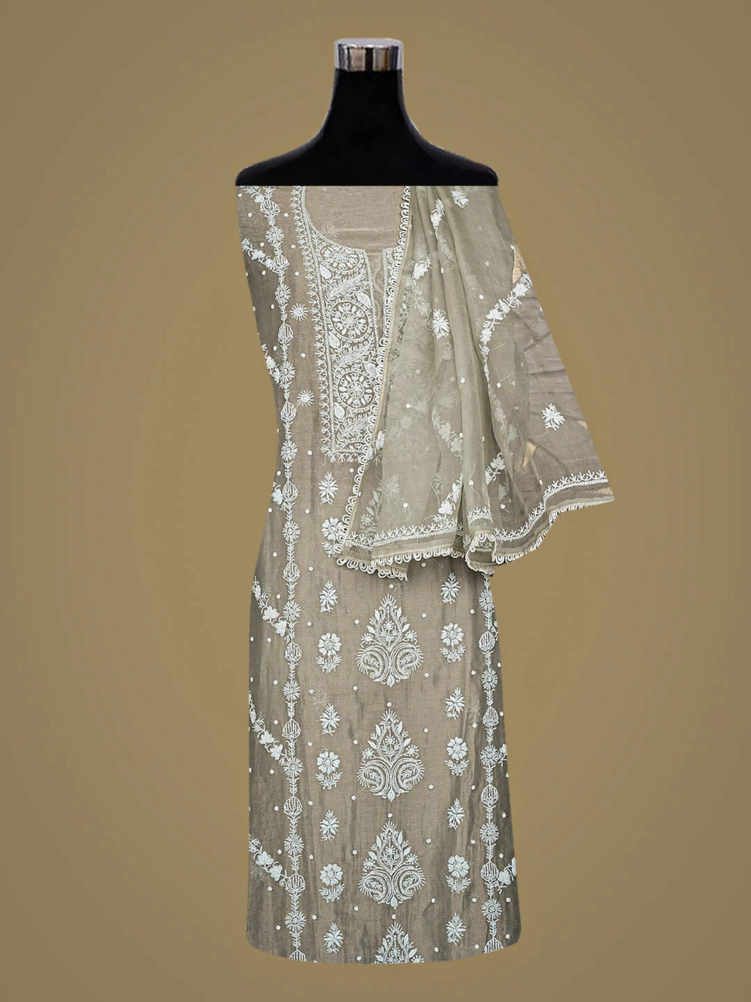 Ada Hand Embroidered Grey Chanderi Lucknowi Chikankari Unstitched Kurta Dupatta Set With Pearl Work 01A879078