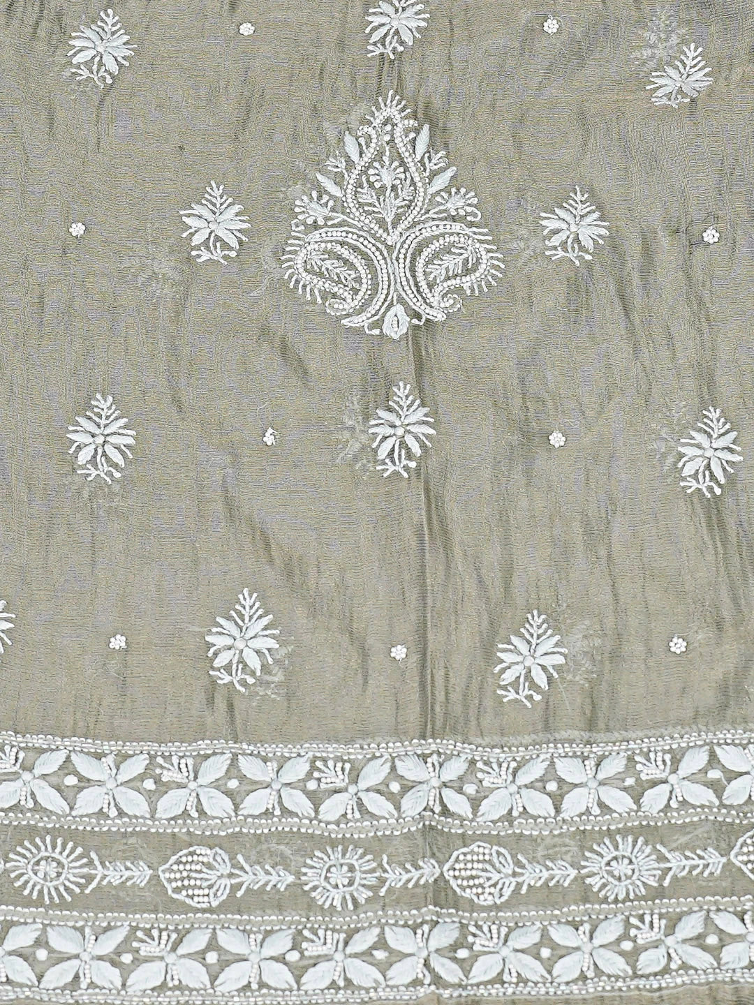 Ada Hand Embroidered Grey Chanderi Lucknowi Chikankari Unstitched Kurta Dupatta Set With Pearl Work 01A879078