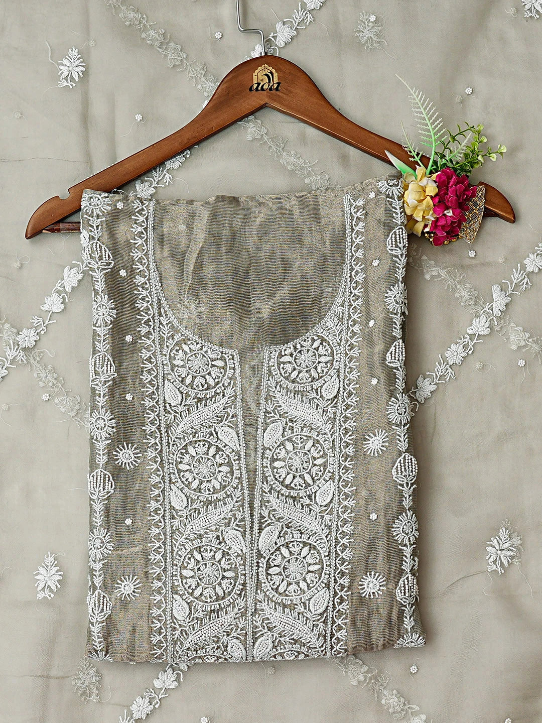 Ada Hand Embroidered Grey Chanderi Lucknowi Chikankari Unstitched Kurta Dupatta Set With Pearl Work 01A879078