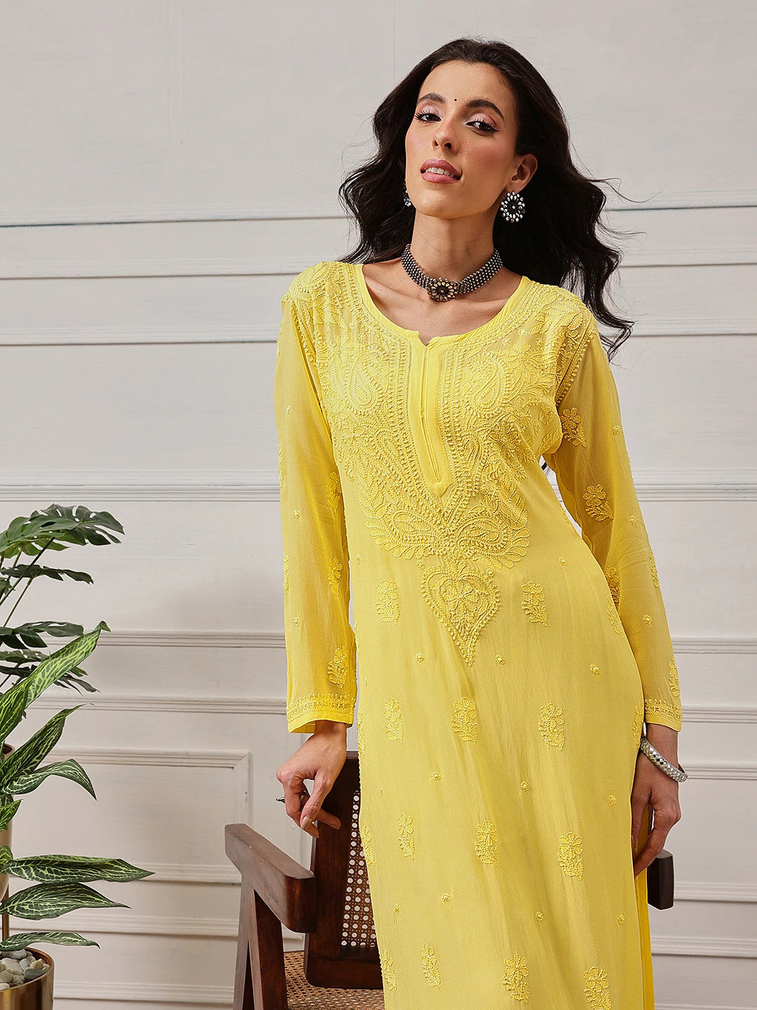 Ada Hand Embroidered Yellow Georgette Lucknowi Chikankari Straight Kurta A411186