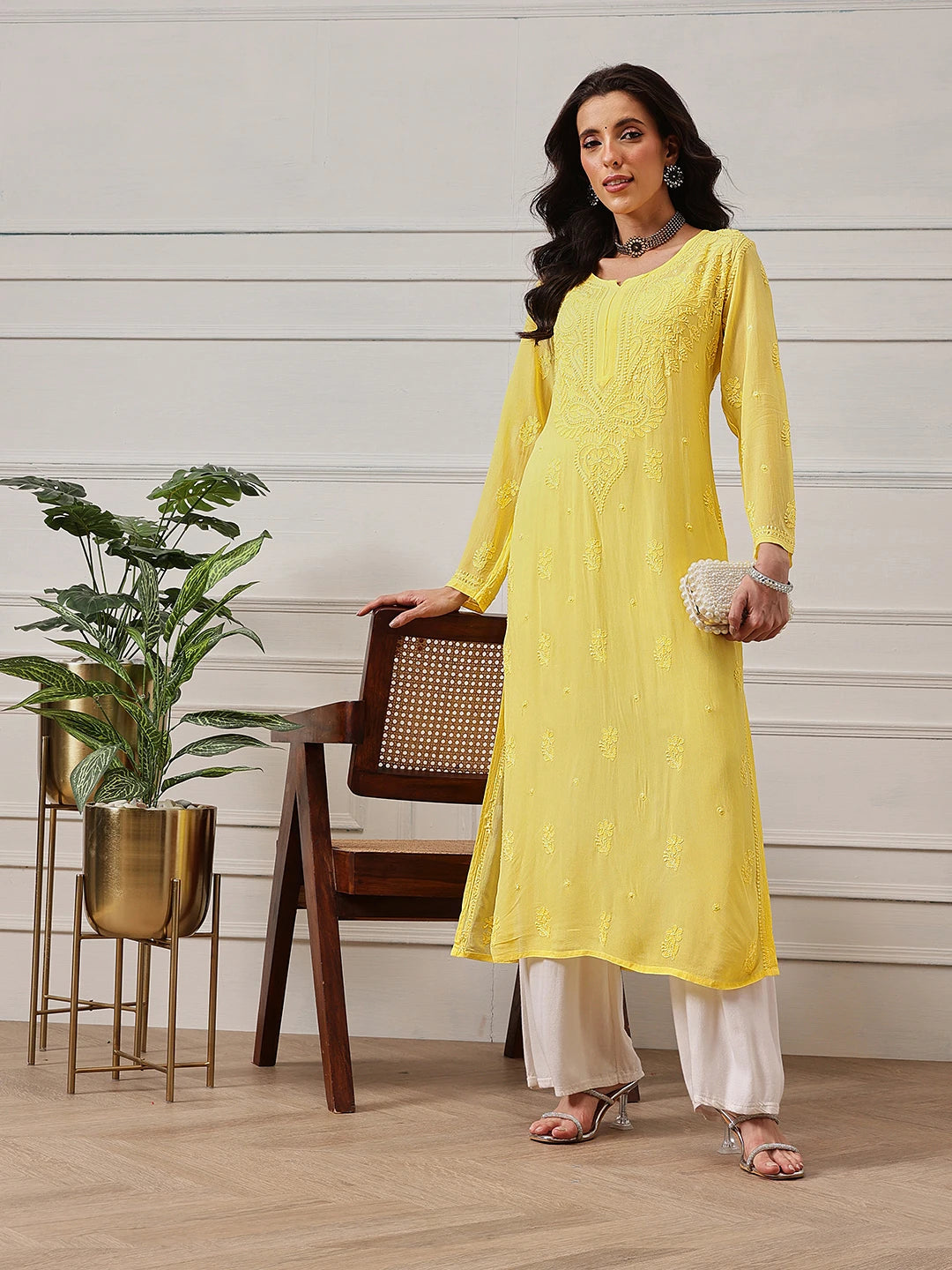 Ada Hand Embroidered Yellow Georgette Lucknowi Chikankari Straight Kurta A411186