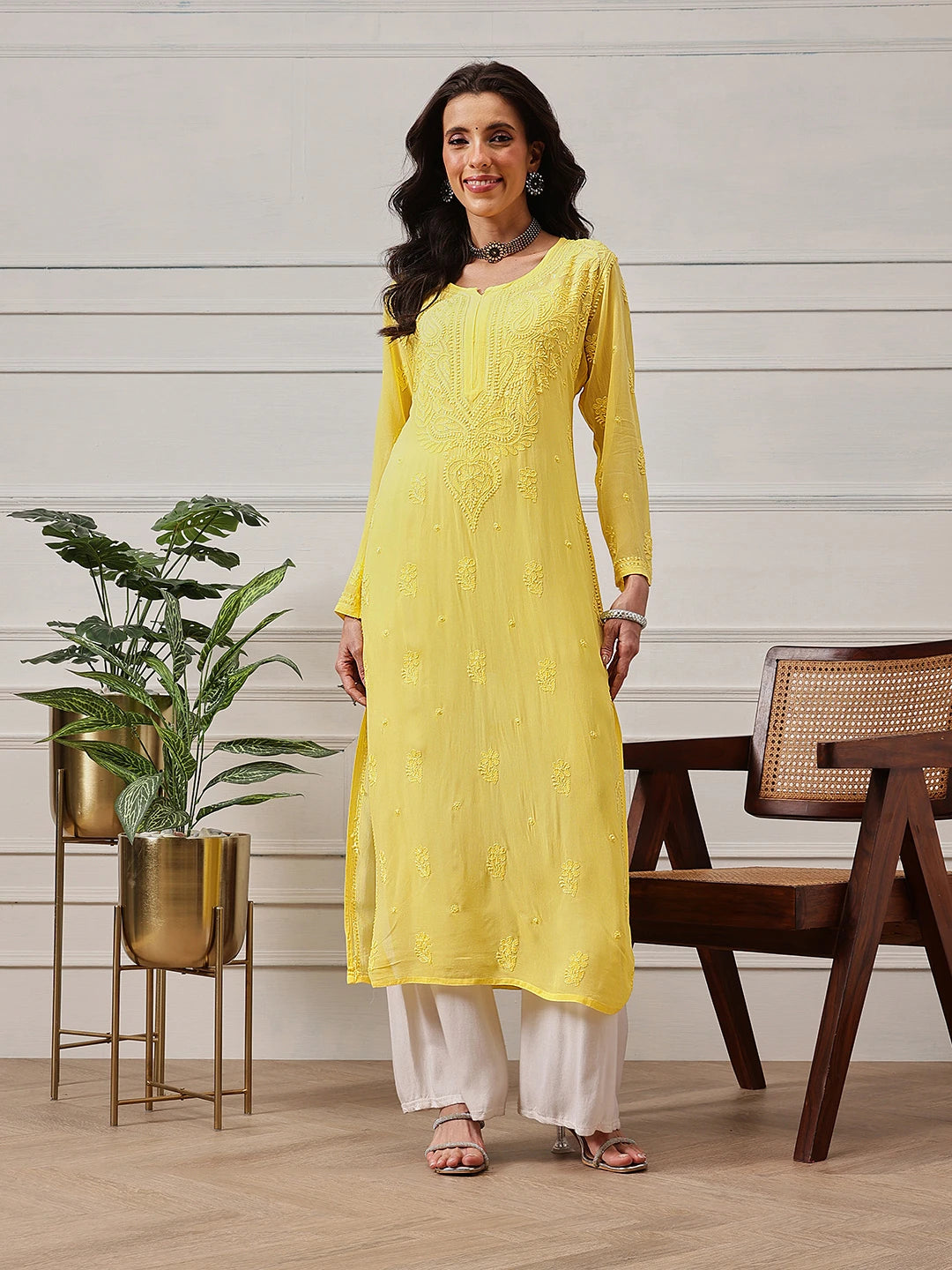 Ada Hand Embroidered Yellow Georgette Lucknowi Chikankari Straight Kurta A411186