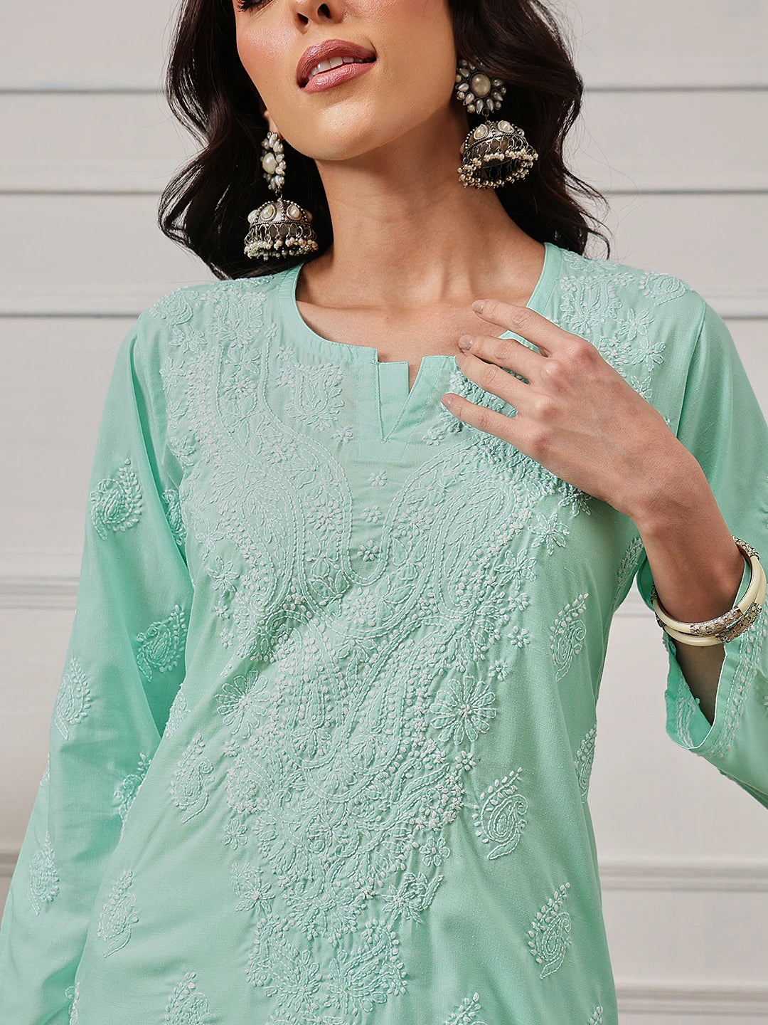 Ada Hand Embroidered Sea Green Cotton Lucknowi Chikankari Straight Kurta A411692