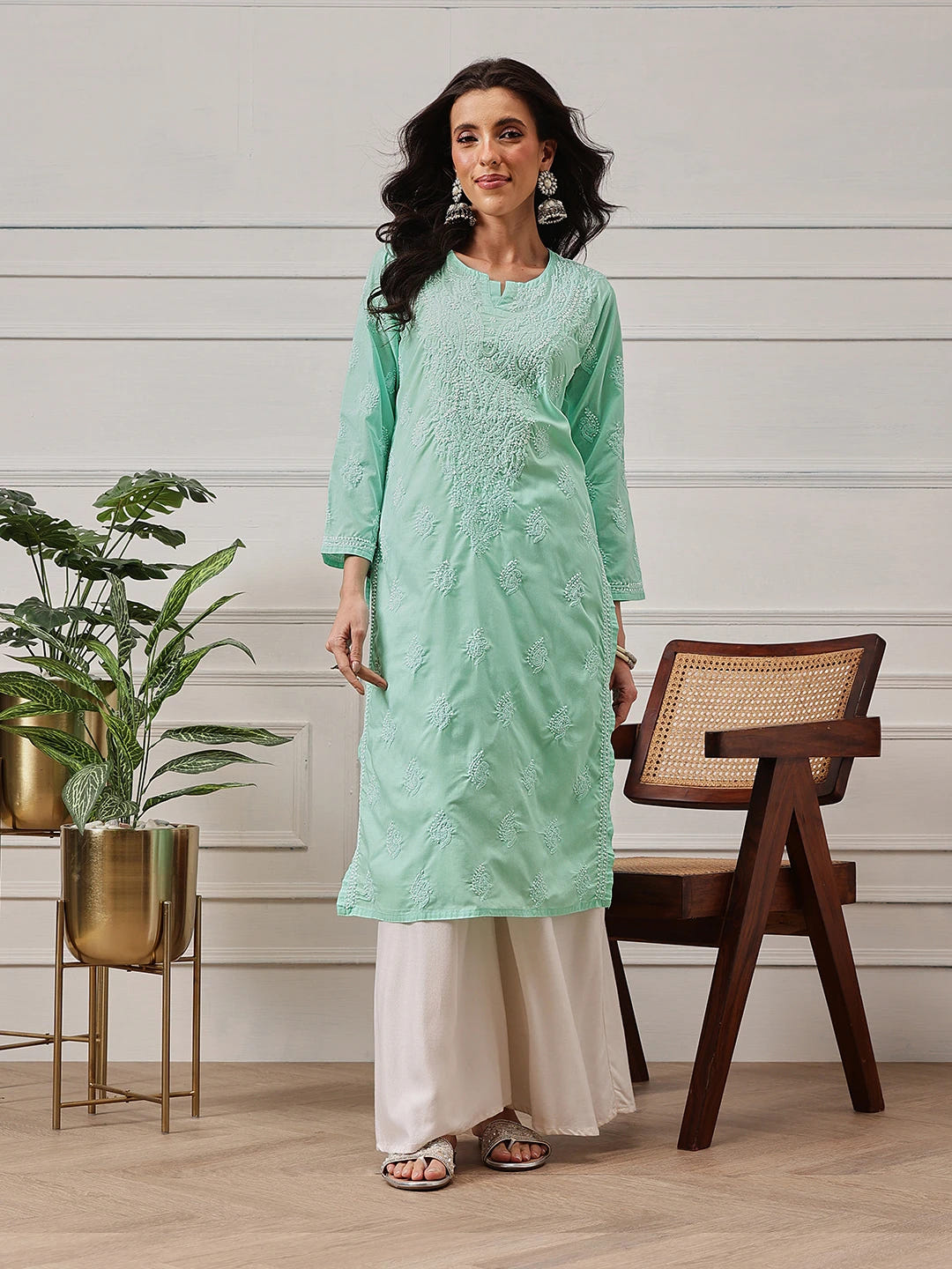 Ada Hand Embroidered Sea Green Cotton Lucknowi Chikankari Straight Kurta A411692