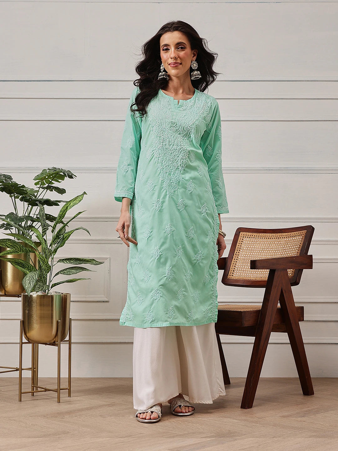 Ada Hand Embroidered Sea Green Cotton Lucknowi Chikankari Straight Kurta A411692