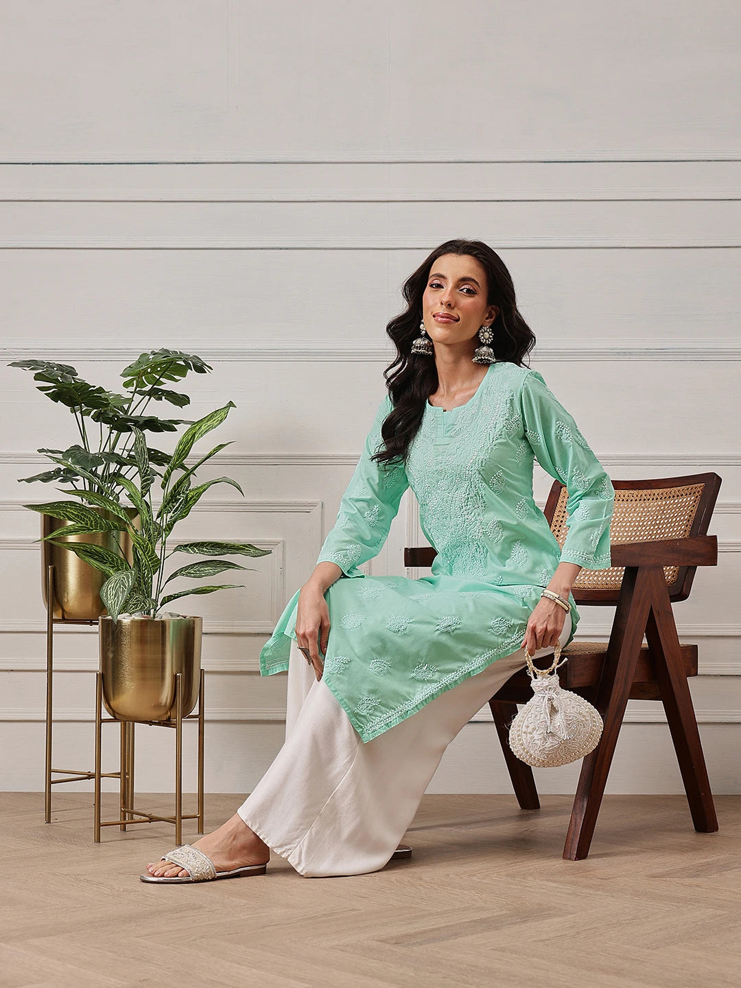 Ada Hand Embroidered Sea Green Cotton Lucknowi Chikankari Straight Kurta A411692