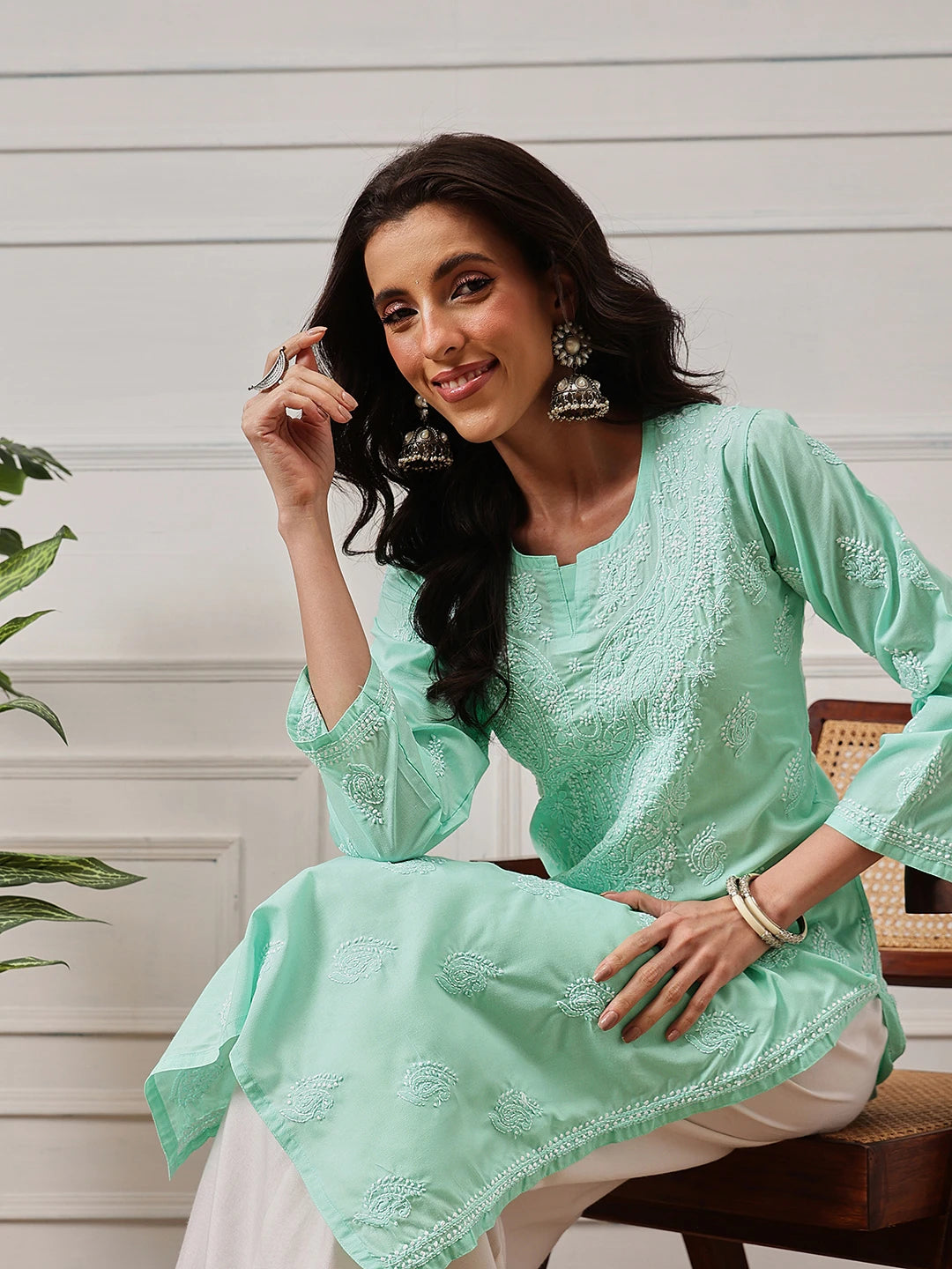 Ada Hand Embroidered Sea Green Cotton Lucknowi Chikankari Straight Kurta A411692