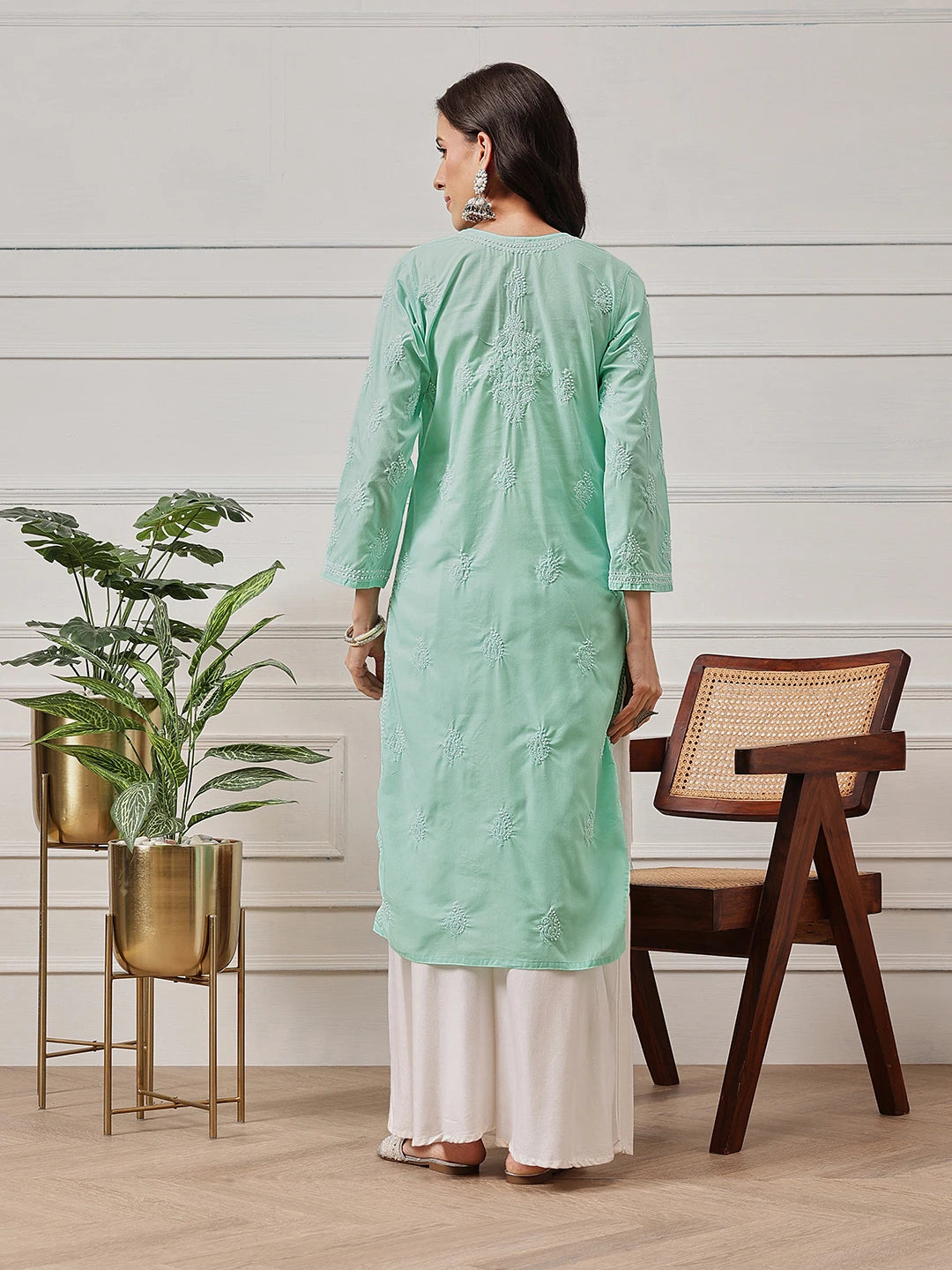 Ada Hand Embroidered Sea Green Cotton Lucknowi Chikankari Straight Kurta A411692