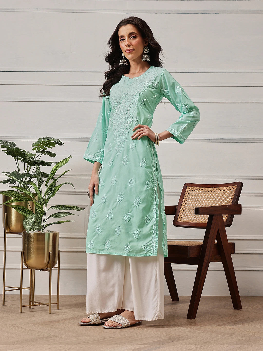Ada Hand Embroidered Sea Green Cotton Lucknowi Chikankari Straight Kurta A411692