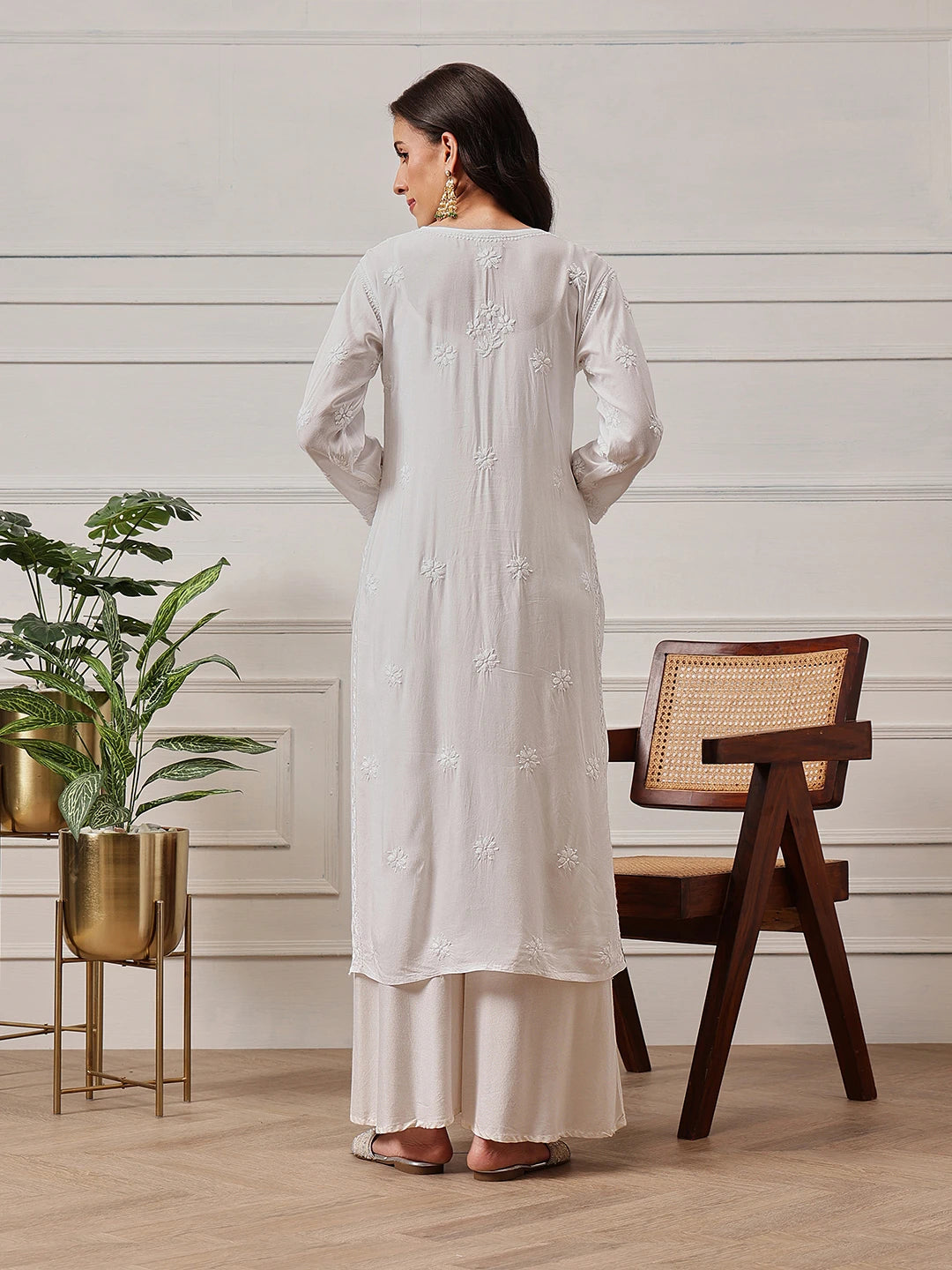 Ada Hand Embroidered White Modal Lucknowi Chikankari Straight Kurta A411808