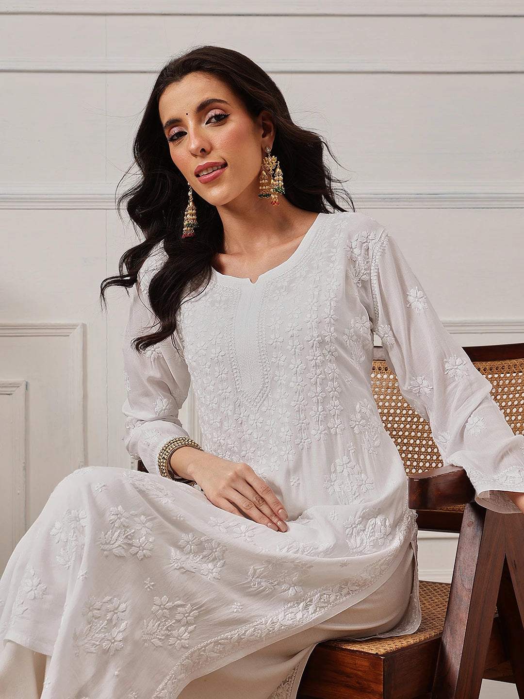 Ada Hand Embroidered White Modal Lucknowi Chikankari Straight Kurta A411808