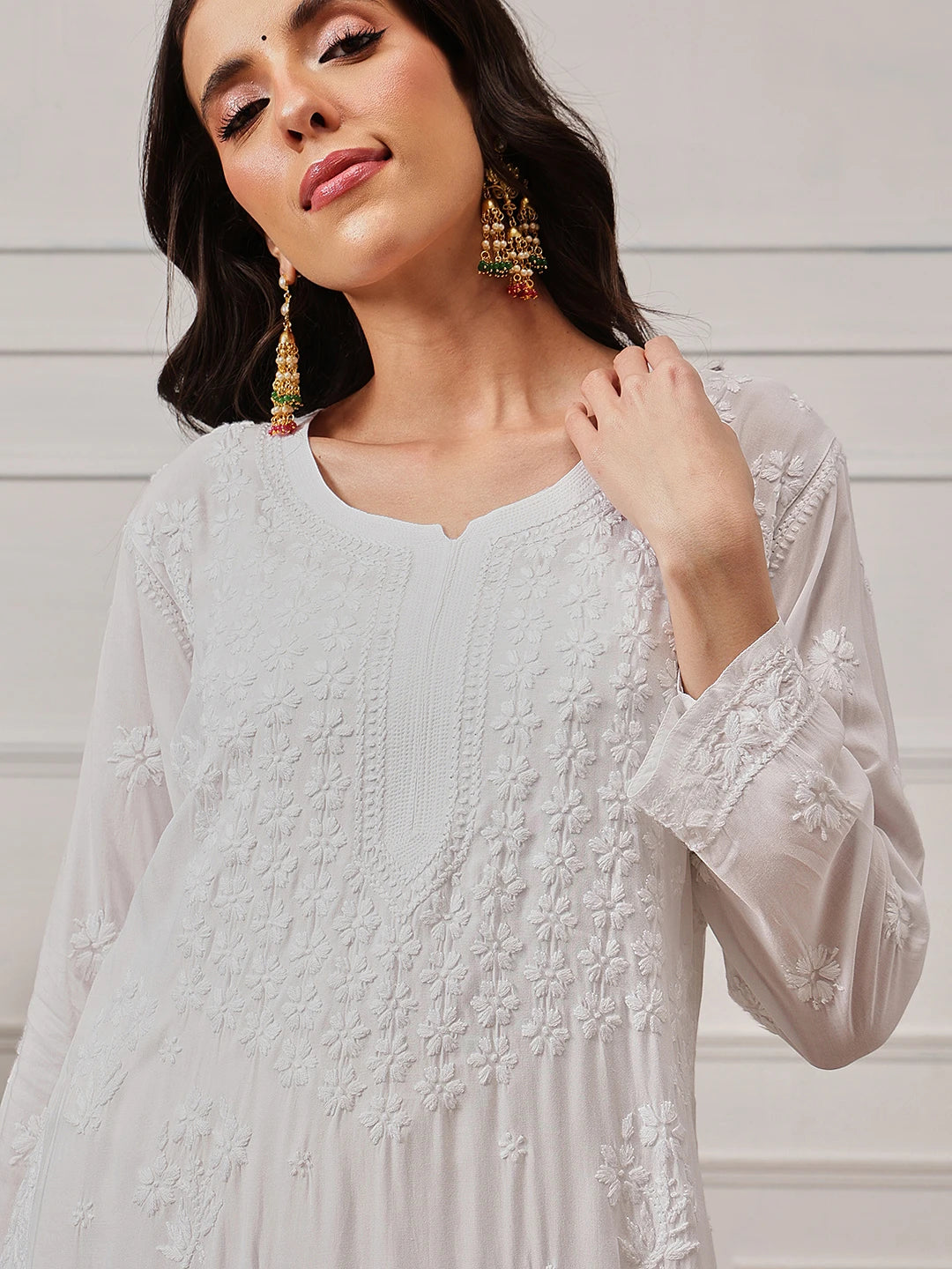 Ada Hand Embroidered White Modal Lucknowi Chikankari Straight Kurta A411808