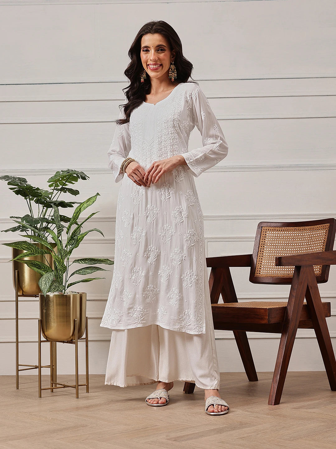 Ada Hand Embroidered White Modal Lucknowi Chikankari Straight Kurta A411808