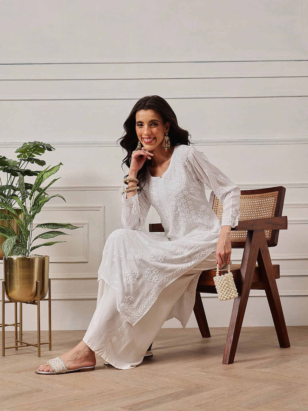 Ada Hand Embroidered White Modal Lucknowi Chikankari Straight Kurta A411808