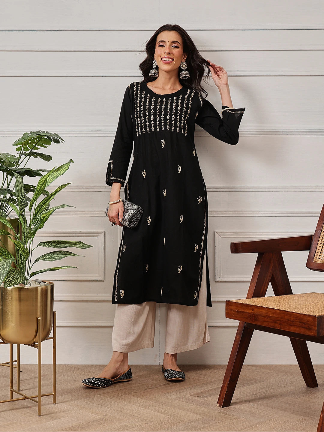 Ada Hand Embroidered Black Cotton Lucknowi Chikankari Straight Kurta A411420