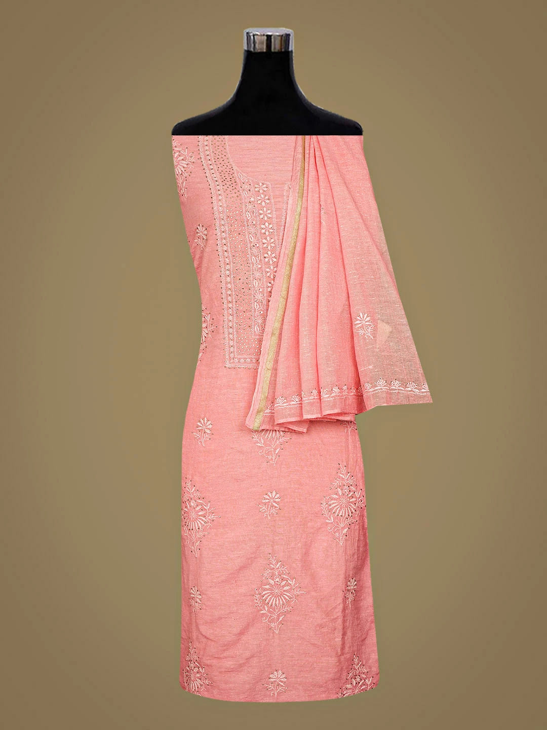 Ada Hand Embroidered Peach Chanderi Lucknowi Chikankari Unstitched Kurta Dupatta Set With Muqaish/Mukaish Work 01A502395