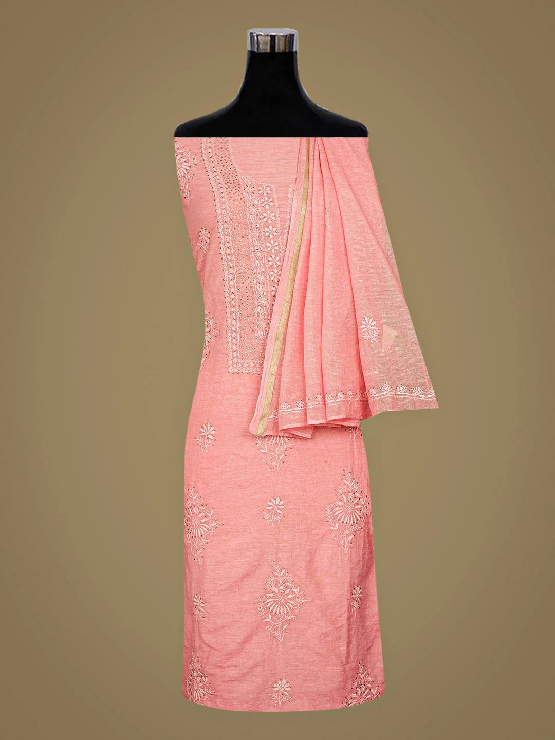 Ada Hand Embroidered Peach Chanderi Lucknowi Chikankari Unstitched Kurta Dupatta Set With Muqaish/Mukaish Work 01A502395