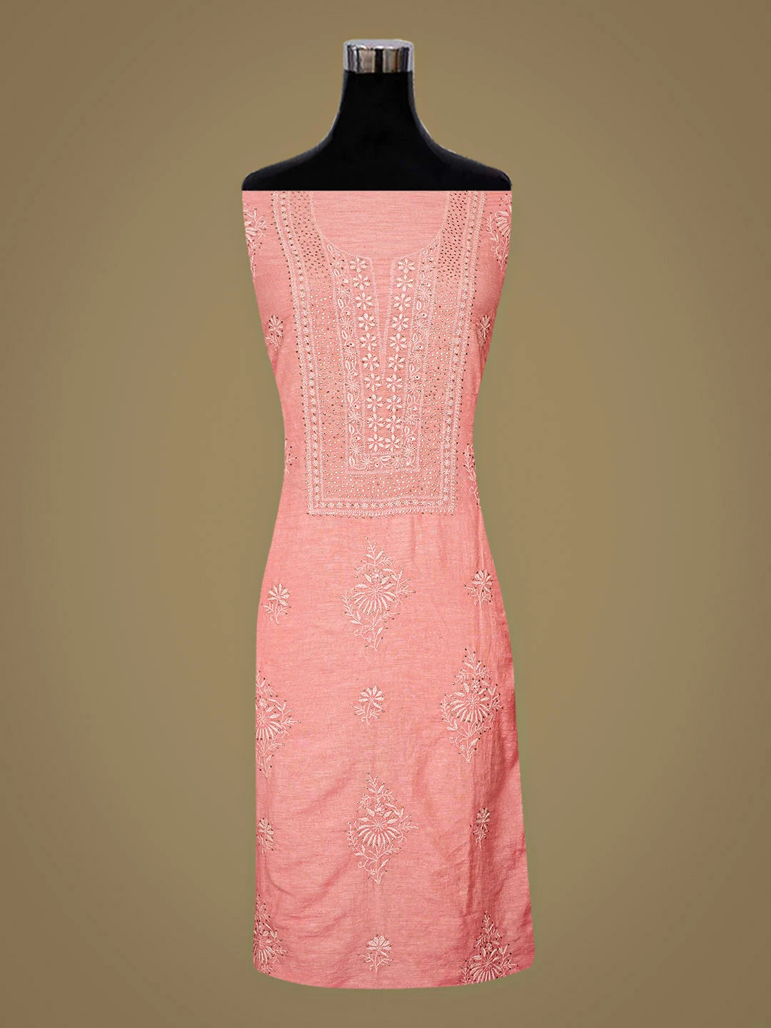 Ada Hand Embroidered Peach Chanderi Lucknowi Chikankari Unstitched Kurta Dupatta Set With Muqaish/Mukaish Work 01A502395