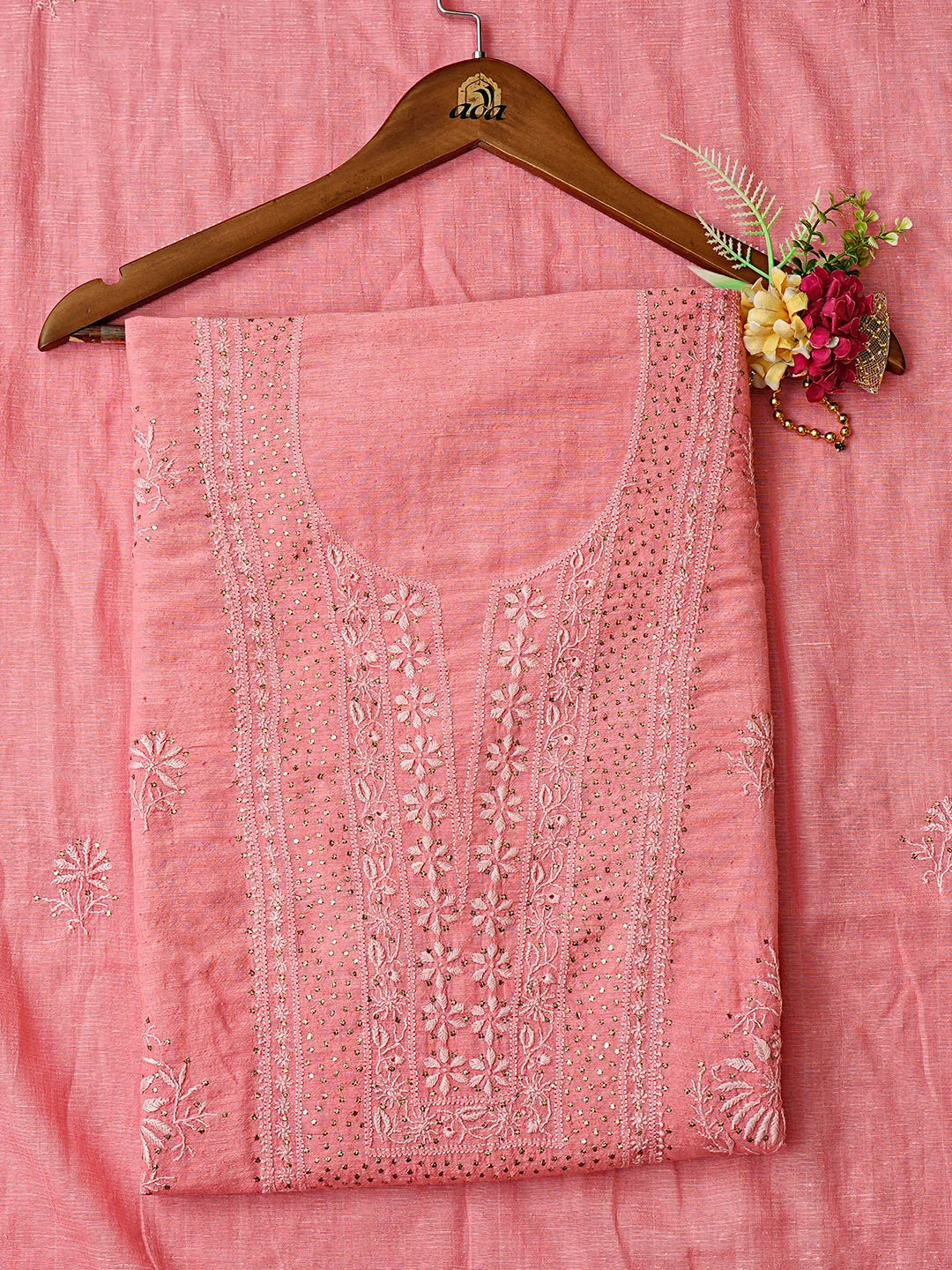 Ada Hand Embroidered Peach Chanderi Lucknowi Chikankari Unstitched Kurta Dupatta Set With Muqaish/Mukaish Work 01A502395