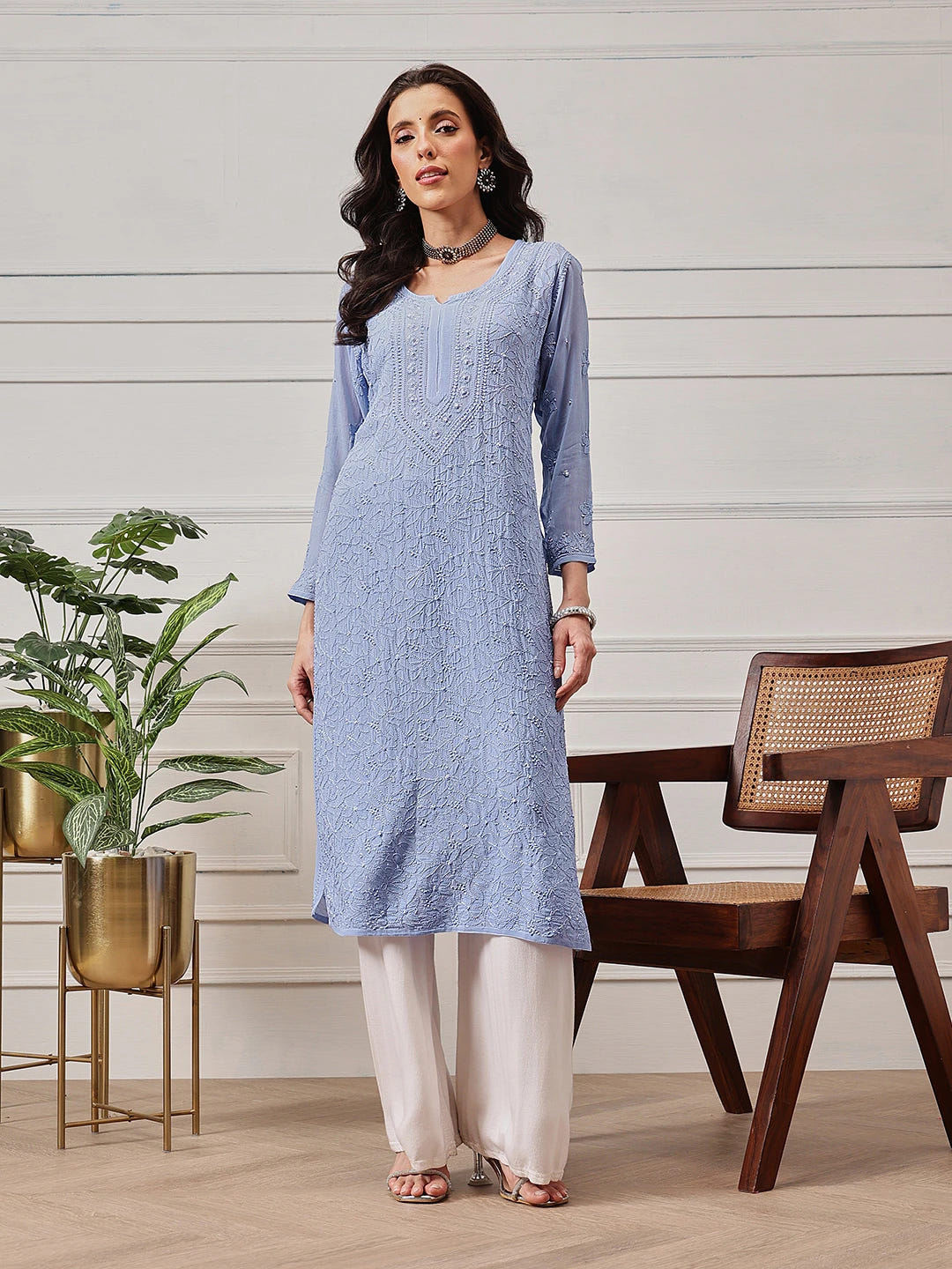Ada Hand Embroidered Blue Georgette Lucknowi Chikankari Straight Kurta A411336