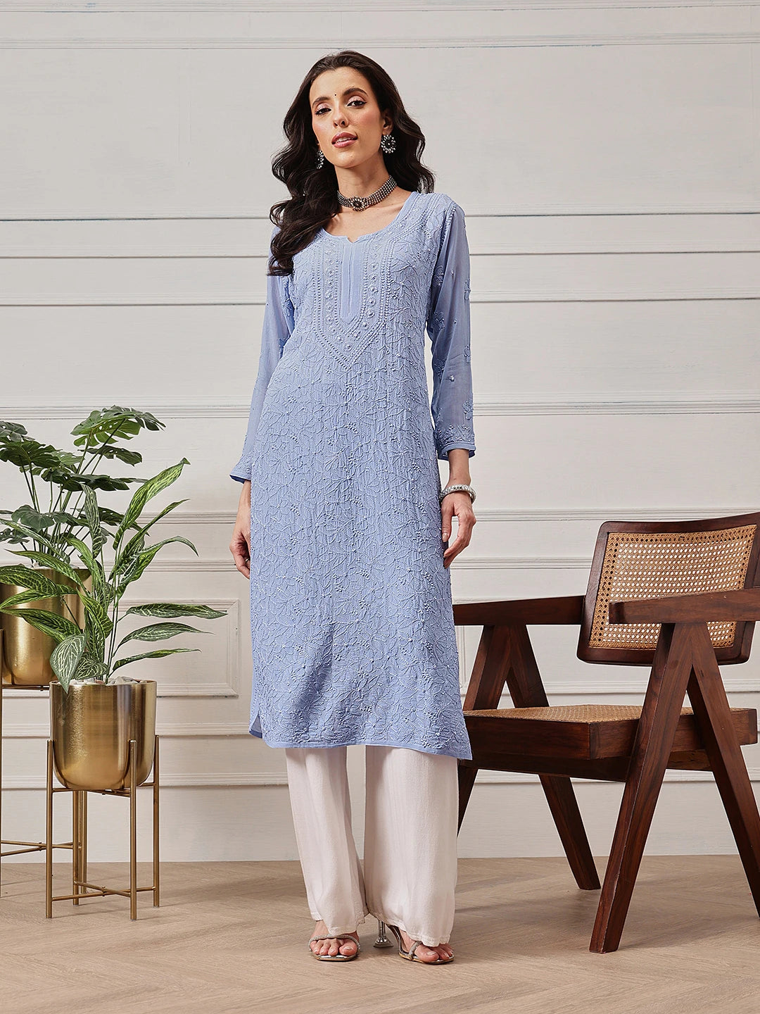Ada Hand Embroidered Blue Georgette Lucknowi Chikankari Straight Kurta A411336