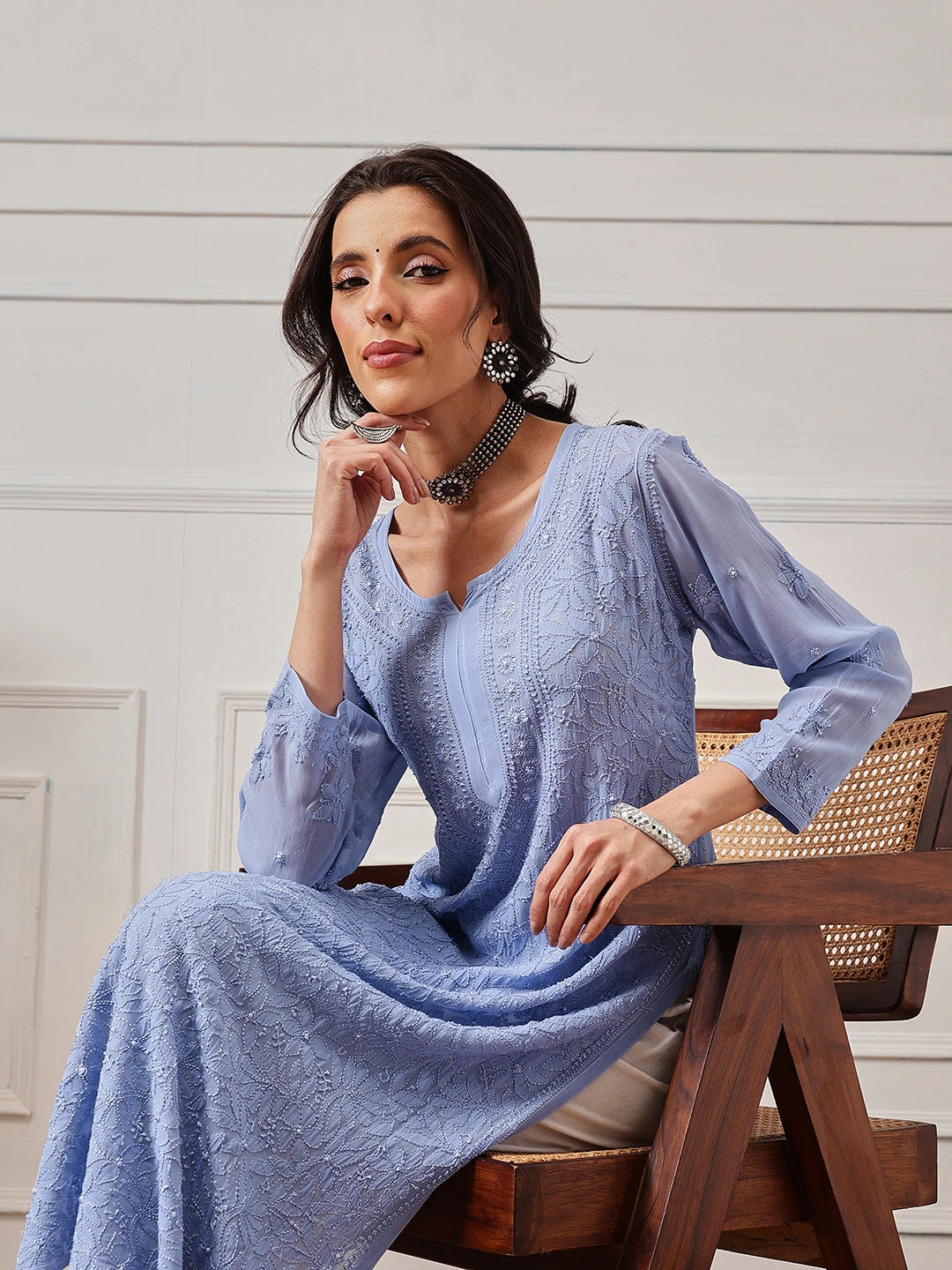 Ada Hand Embroidered Blue Georgette Lucknowi Chikankari Straight Kurta A411336