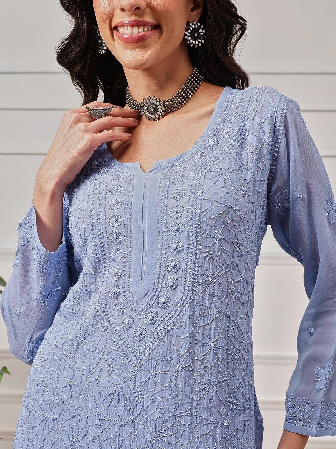 Ada Hand Embroidered Blue Georgette Lucknowi Chikankari Straight Kurta A411336