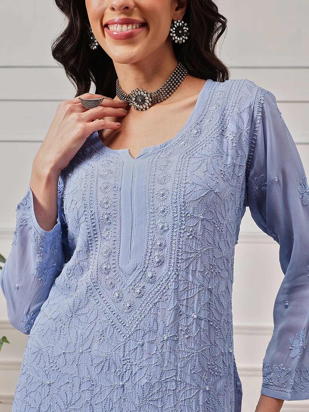 Ada Hand Embroidered Blue Georgette Lucknowi Chikankari Straight Kurta A411336