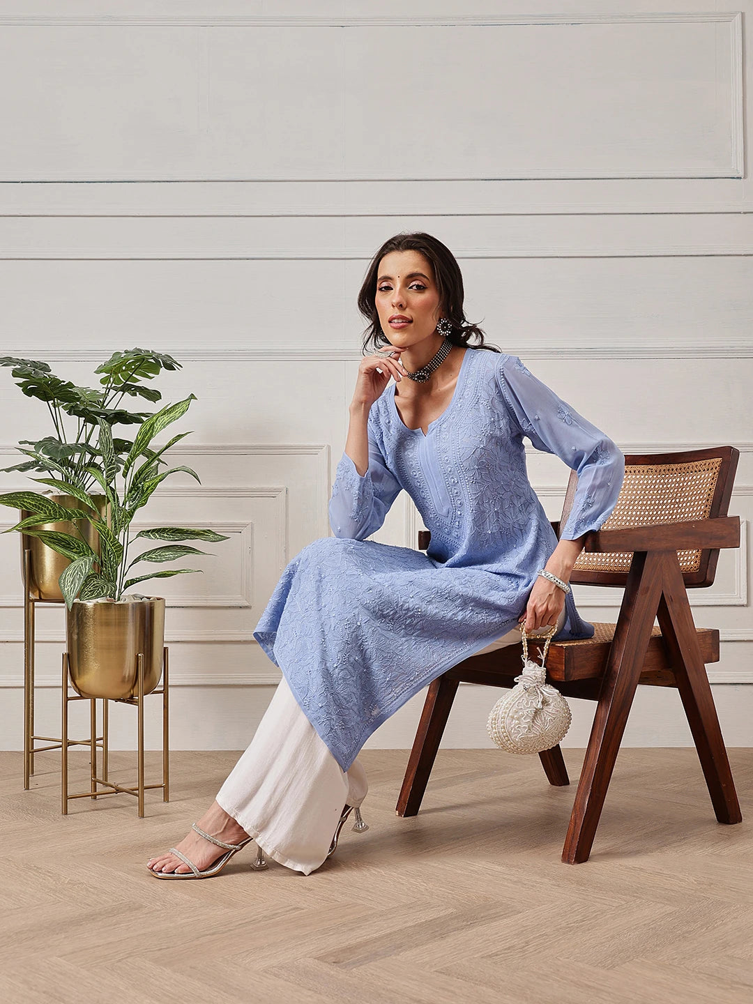 Ada Hand Embroidered Blue Georgette Lucknowi Chikankari Straight Kurta A411336