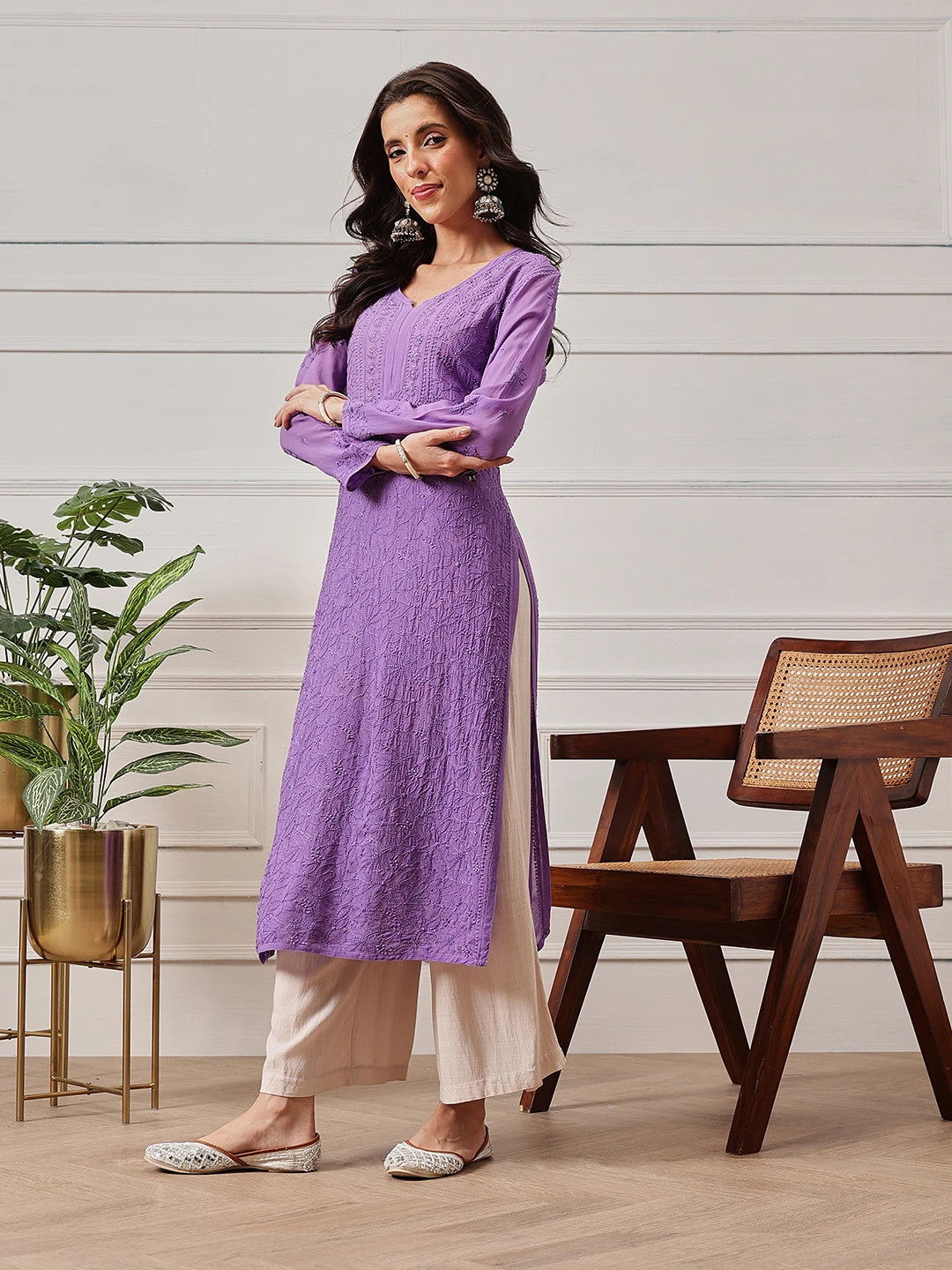 Ada Hand Embroidered Mauve Georgette Lucknow Chikankari Kurta-A411332