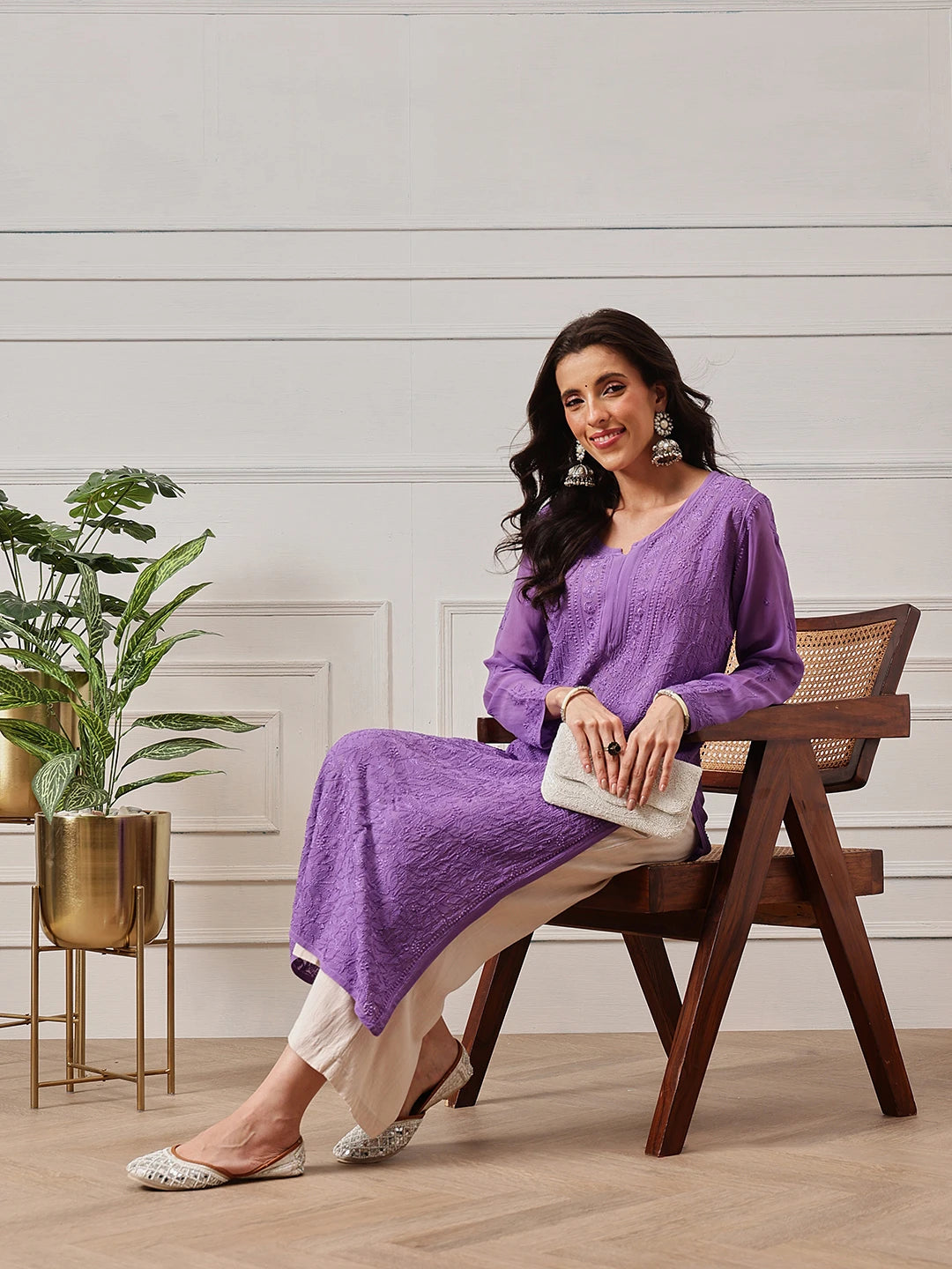Ada Hand Embroidered Mauve Georgette Lucknow Chikankari Kurta-A411332