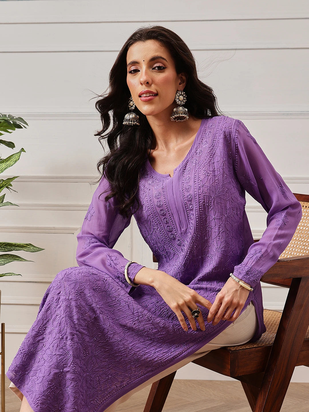 Ada Hand Embroidered Mauve Georgette Lucknow Chikankari Kurta-A411332