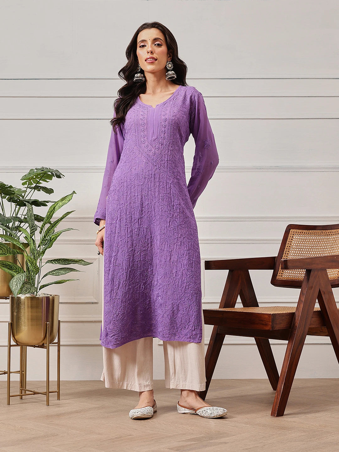 Ada Hand Embroidered Mauve Georgette Lucknow Chikankari Kurta-A411332
