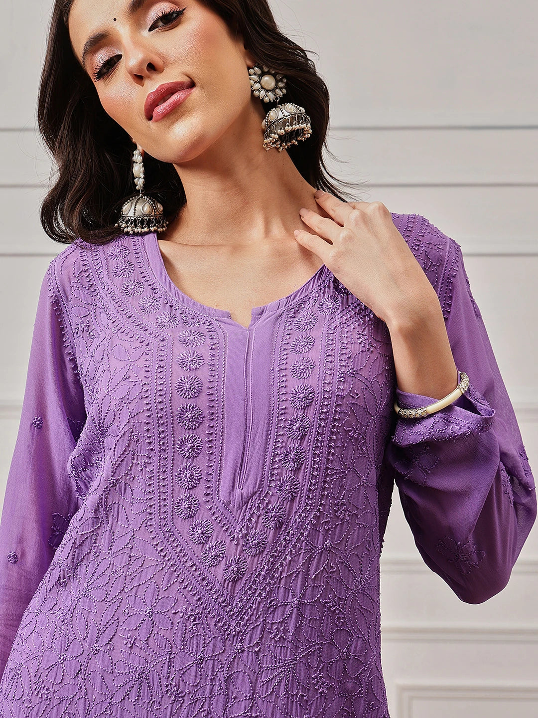 Ada Hand Embroidered Mauve Georgette Lucknow Chikankari Kurta-A411332