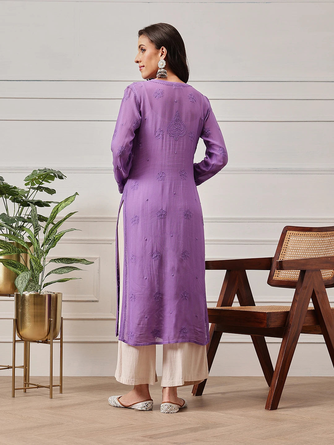 Ada Hand Embroidered Mauve Georgette Lucknow Chikankari Kurta-A411332