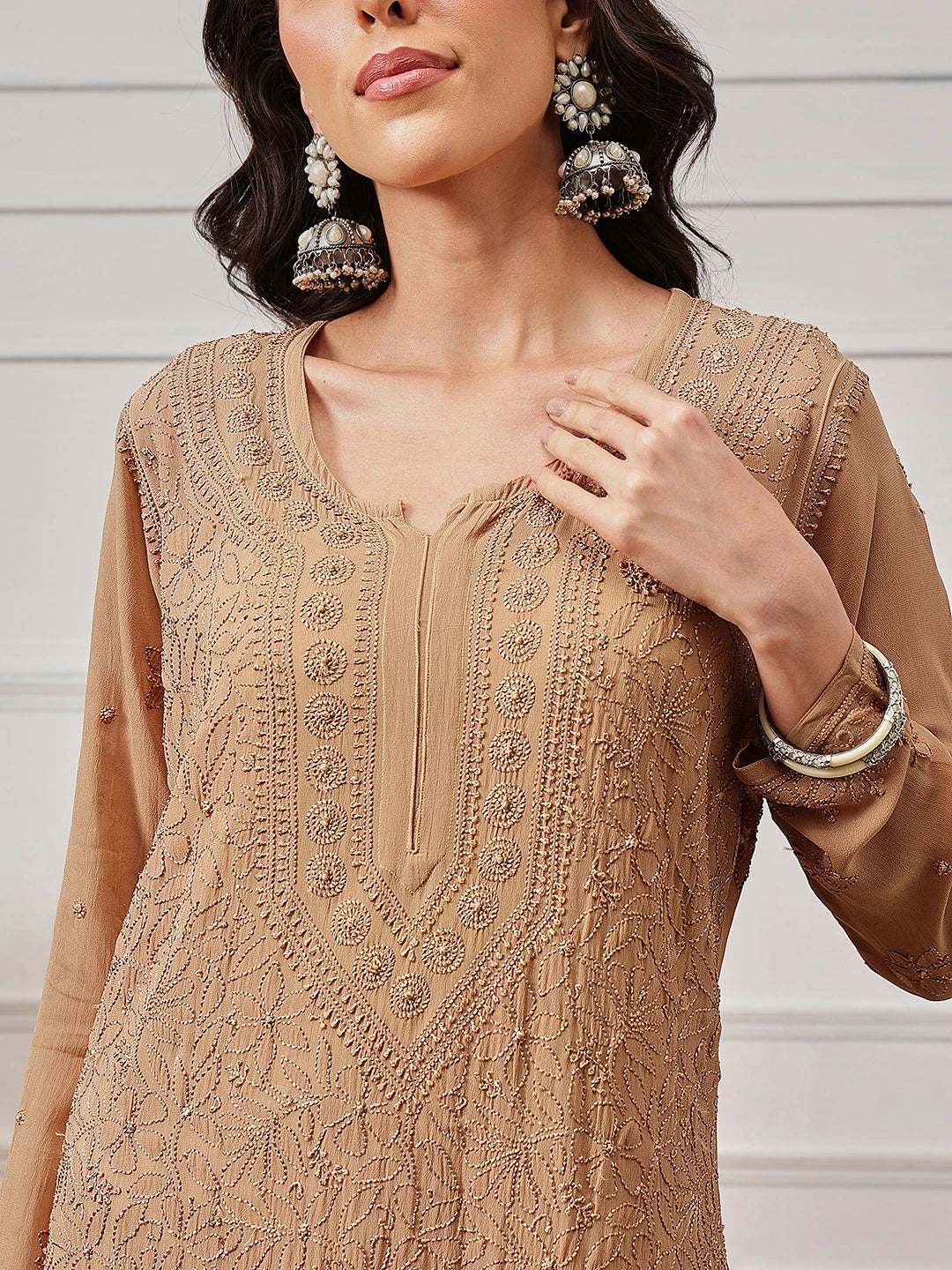 Ada Hand Embroidered Fawn Georgette Lucknowi Chikankari Kurta A411333