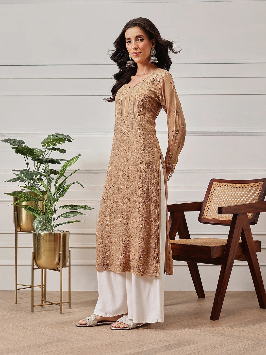 Ada Hand Embroidered Fawn Georgette Lucknowi Chikankari Kurta A411333
