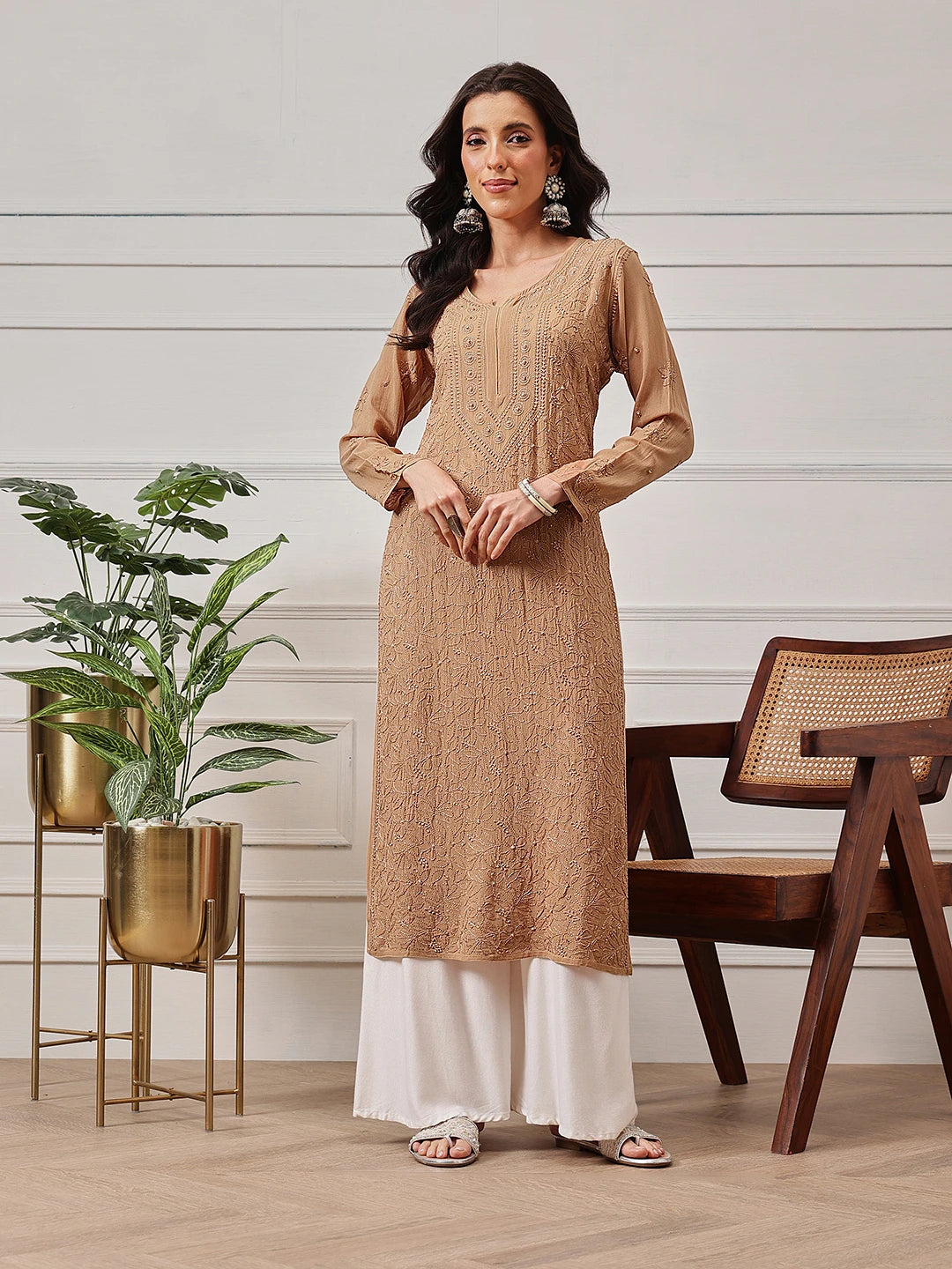 Ada Hand Embroidered Fawn Georgette Lucknowi Chikankari Kurta A411333