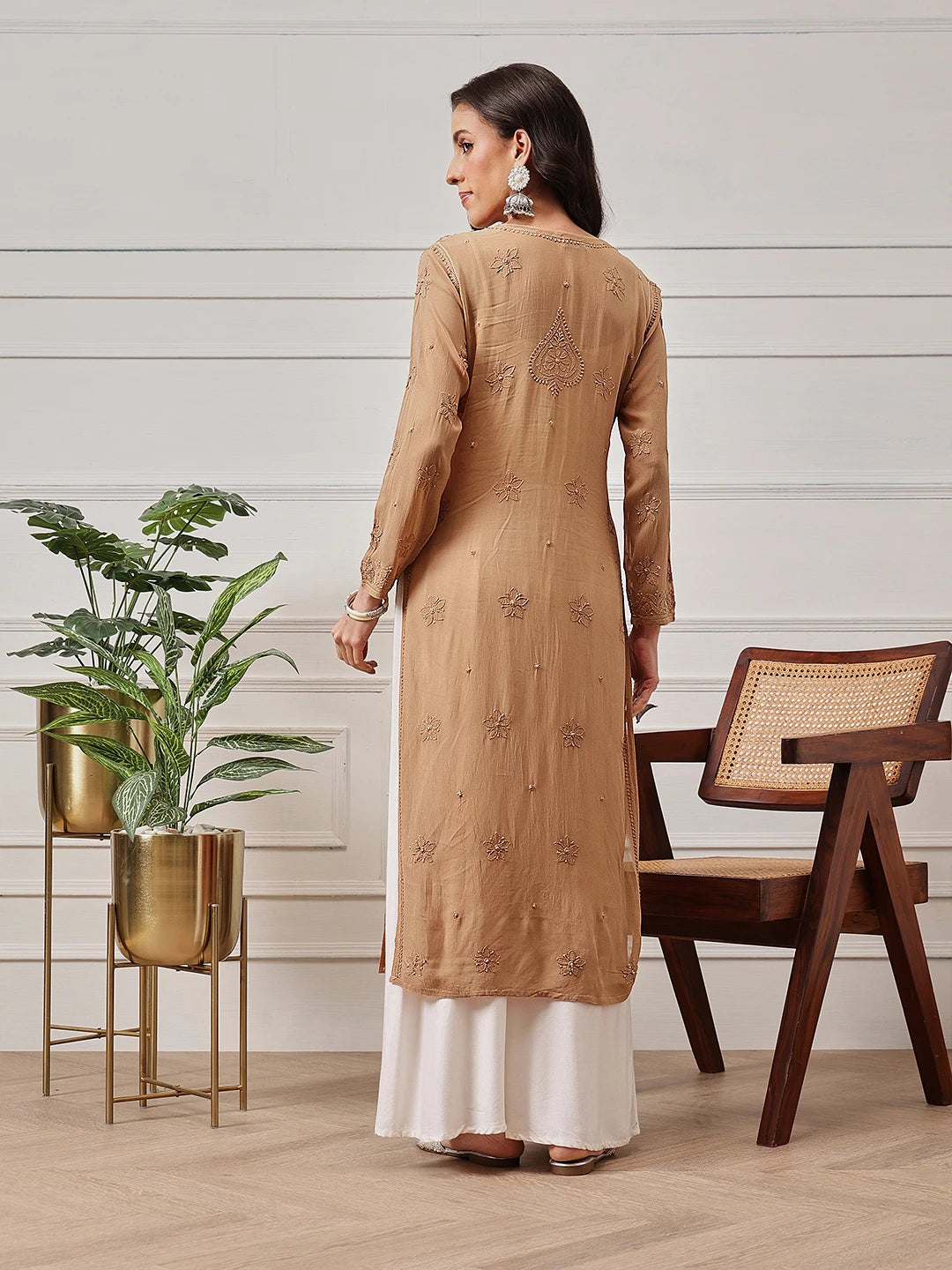 Ada Hand Embroidered Fawn Georgette Lucknowi Chikankari Kurta A411333