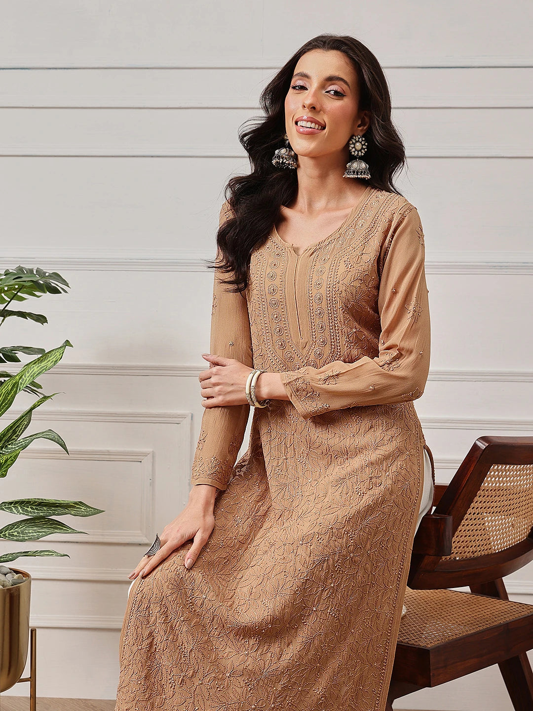 Ada Hand Embroidered Fawn Georgette Lucknowi Chikankari Kurta A411333